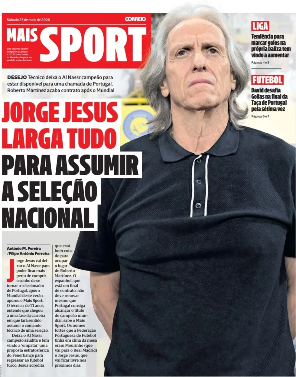 Capa do Jornal “Capa – Correio da Manhã Mais Sport – capa de hoje” – 23/05/2026