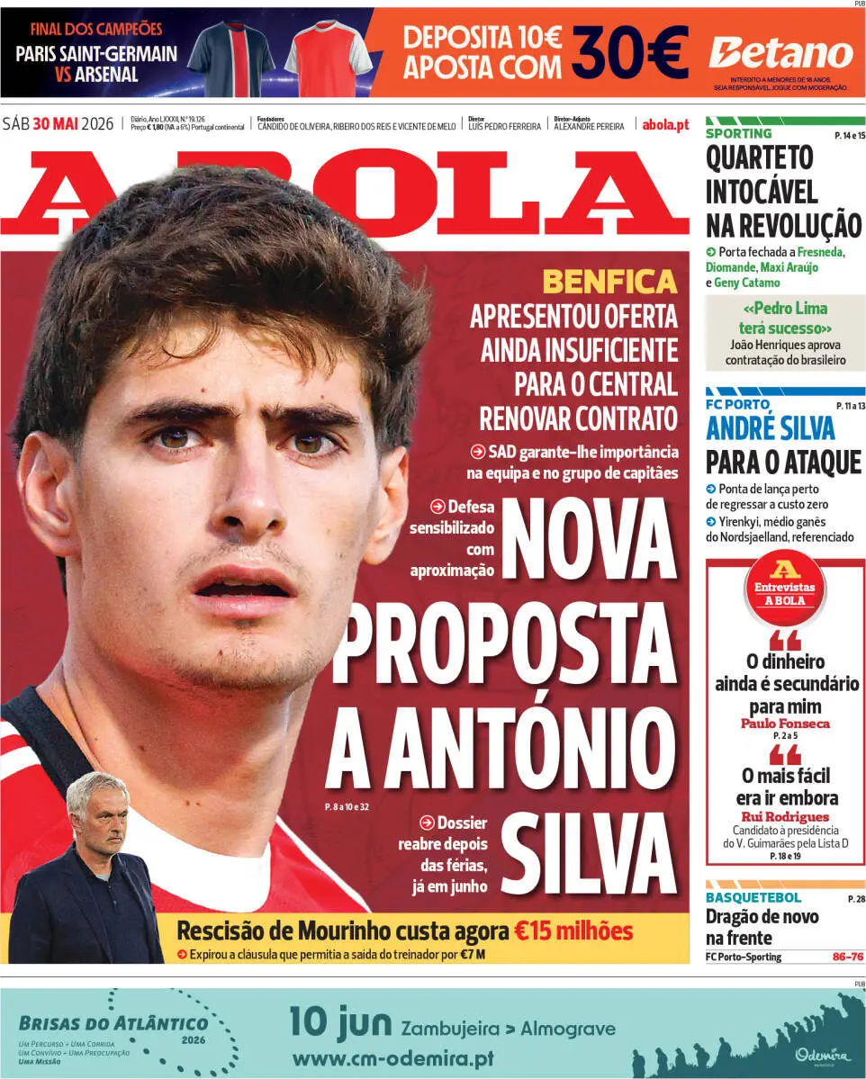 Capa do Jornal “A Bola” – 30/05/2026