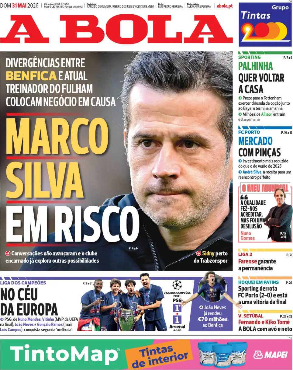 Capa do Jornal “A Bola” – 31/05/2026