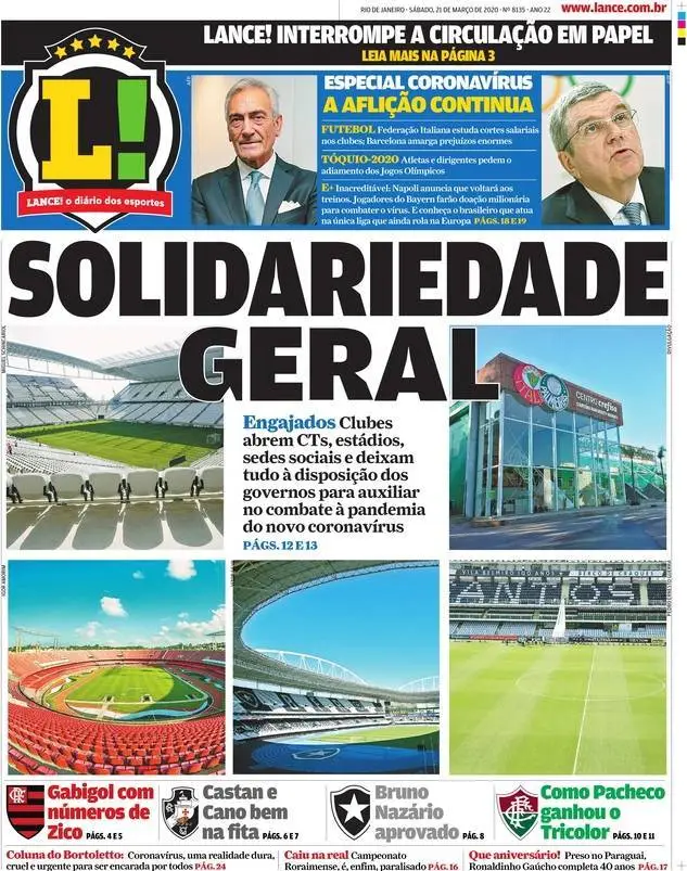 Capa do Jornal “Lance! Rio de Janeiro” – 21/03/2020