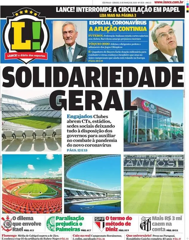Capa do Jornal “Lance! São Paulo” – 21/03/2020