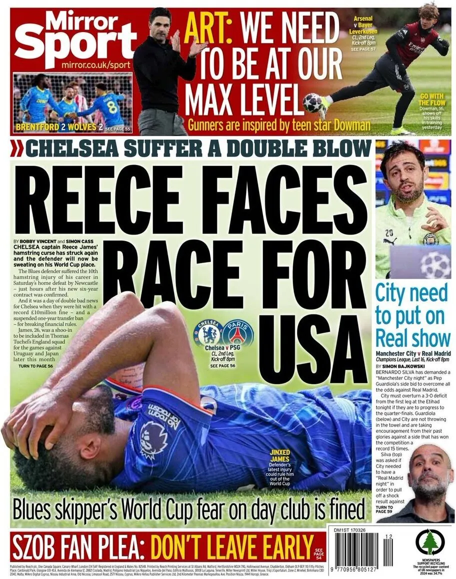 Capa do Jornal “Mirror Sport” – 17/03/2026