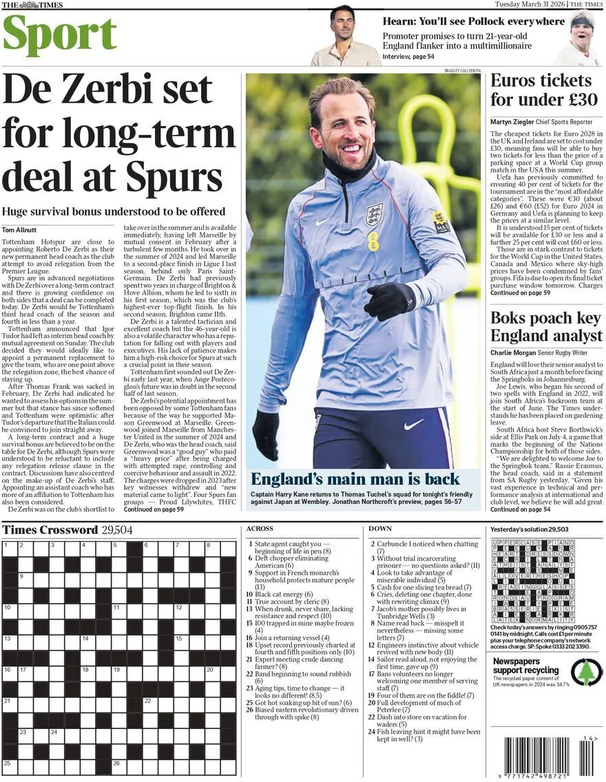Capa do Jornal “Times Sport” – 31/03/2026