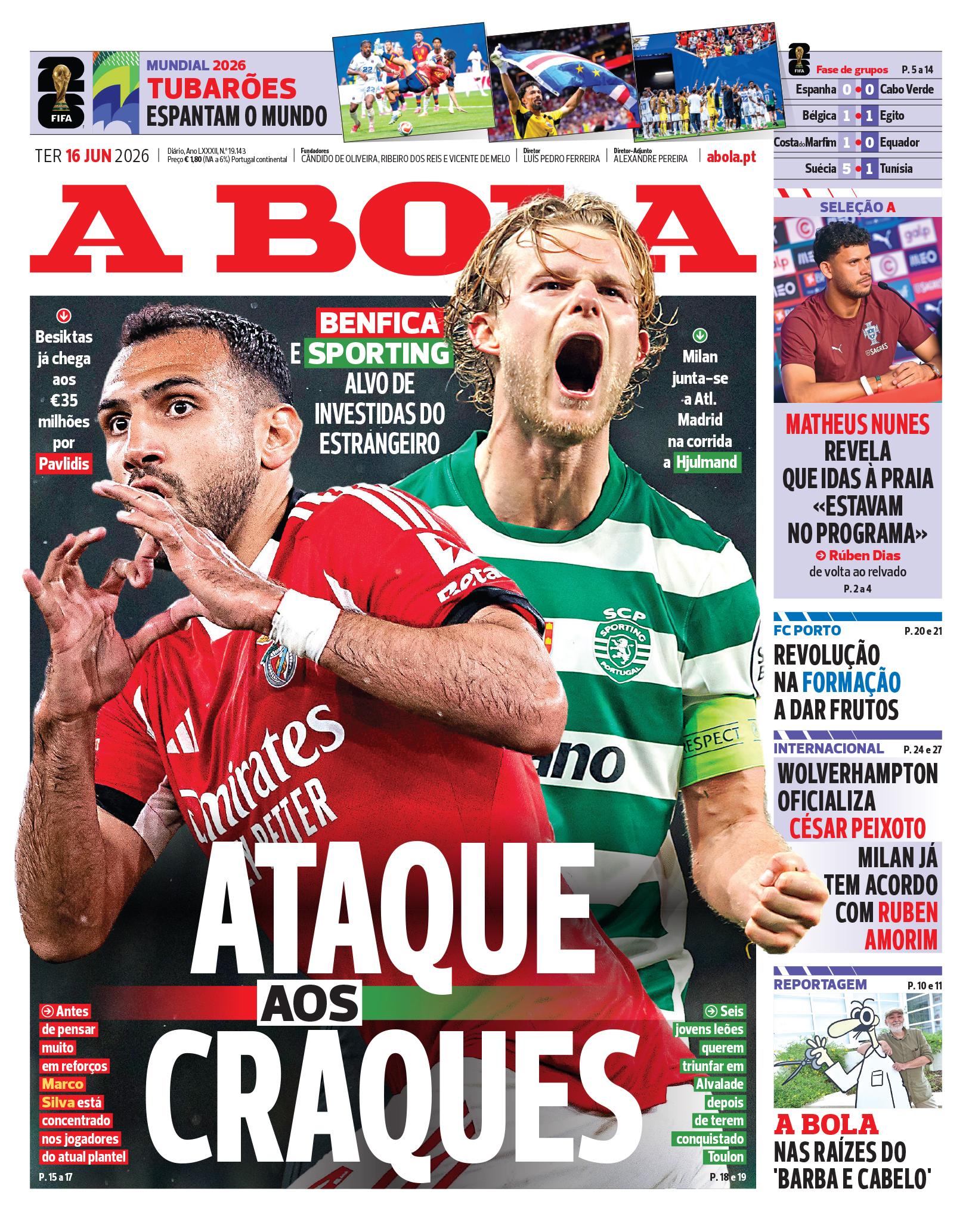 Capa do Jornal “A Bola” – 16/06/2026