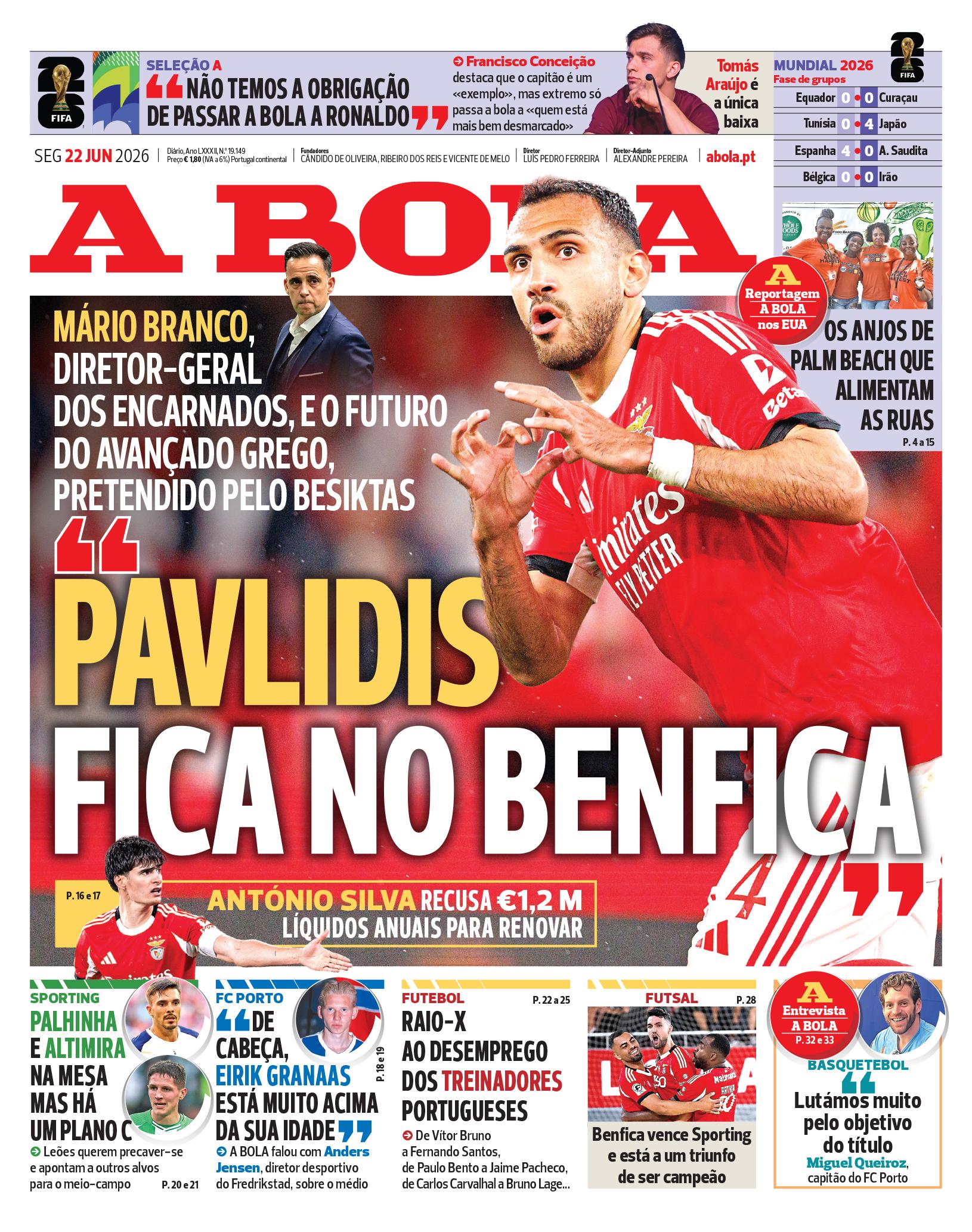 Capa do Jornal “A Bola” – 22/06/2026