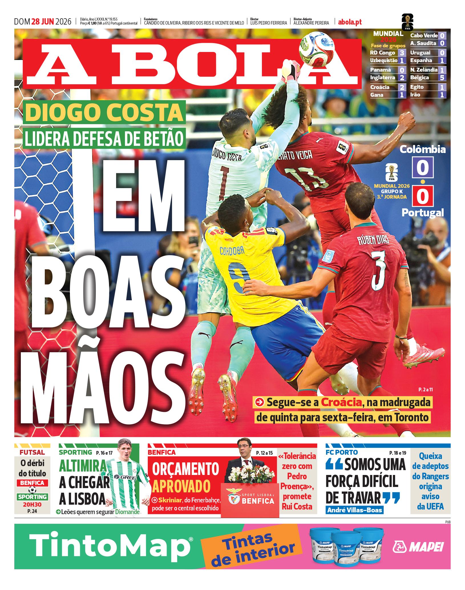 Capa do Jornal “A Bola” – 28/06/2026