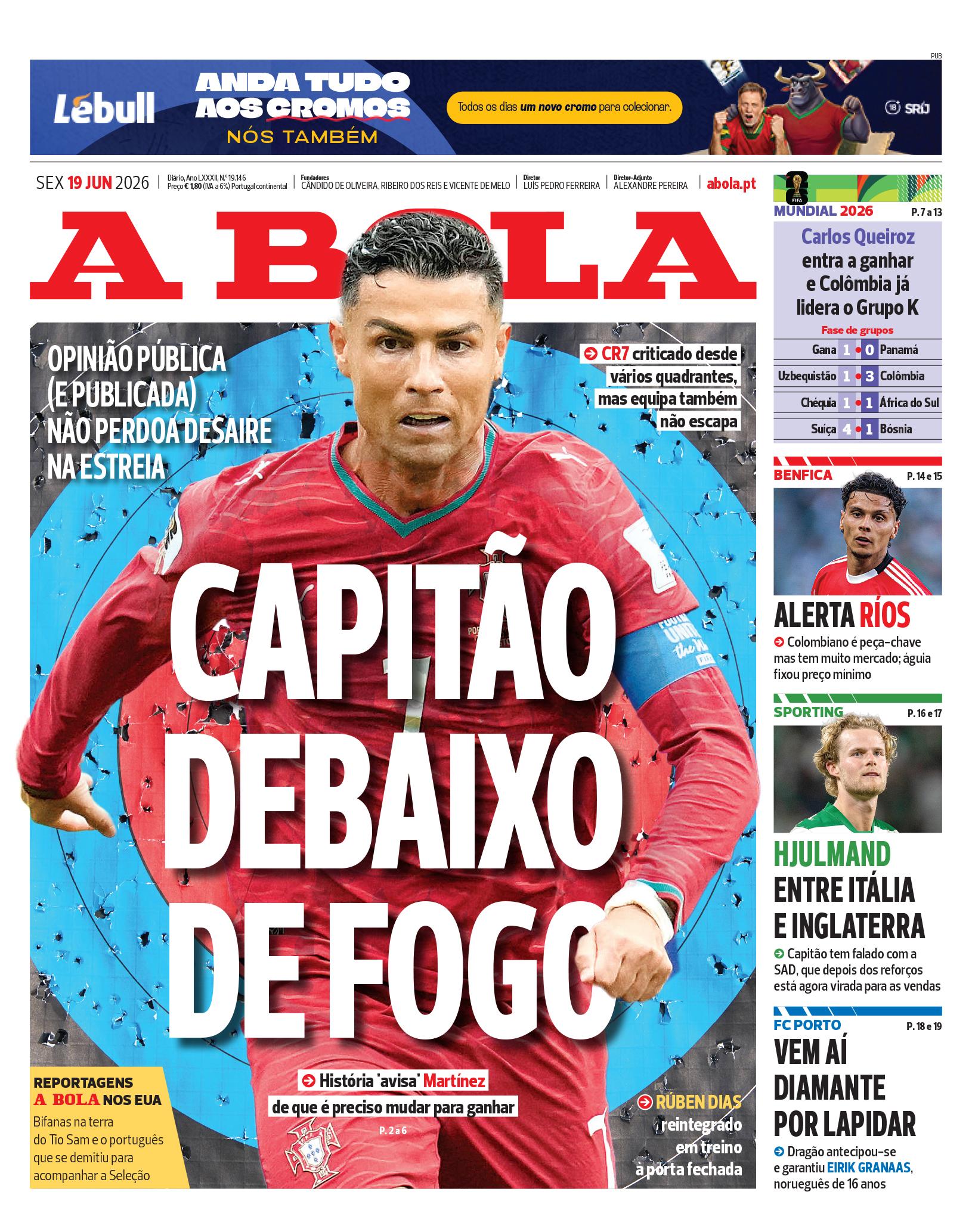 Capa do Jornal “A Bola” – 19/06/2026