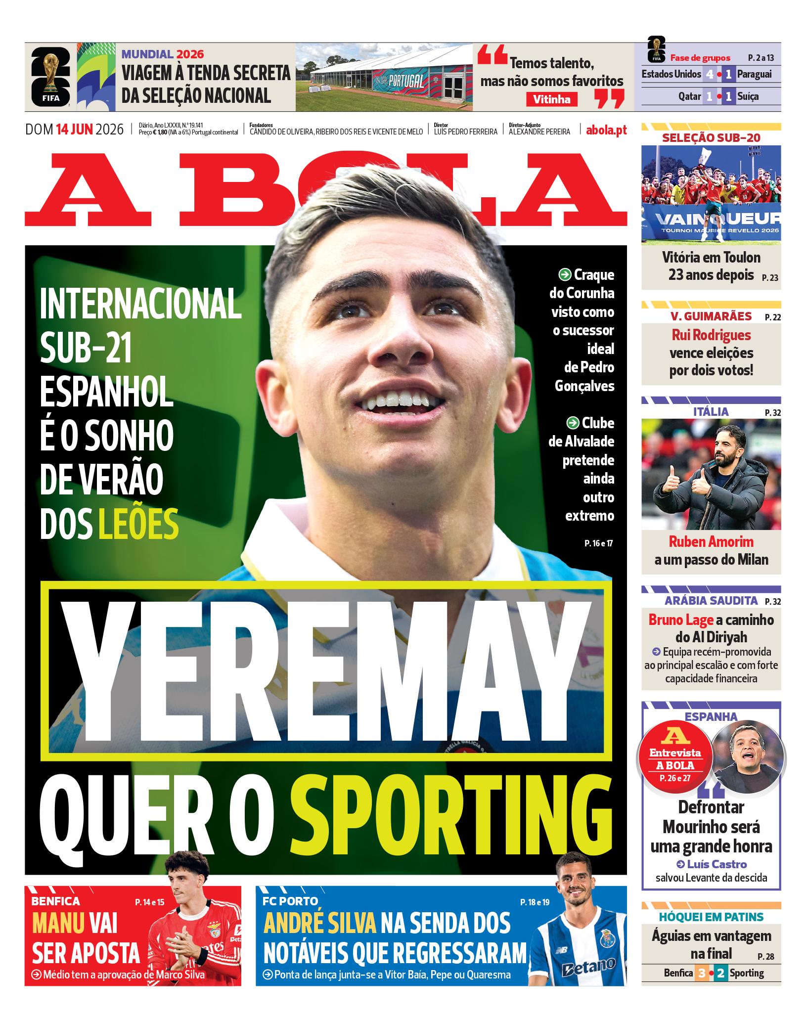 Capa do Jornal “A Bola” – 14/06/2026