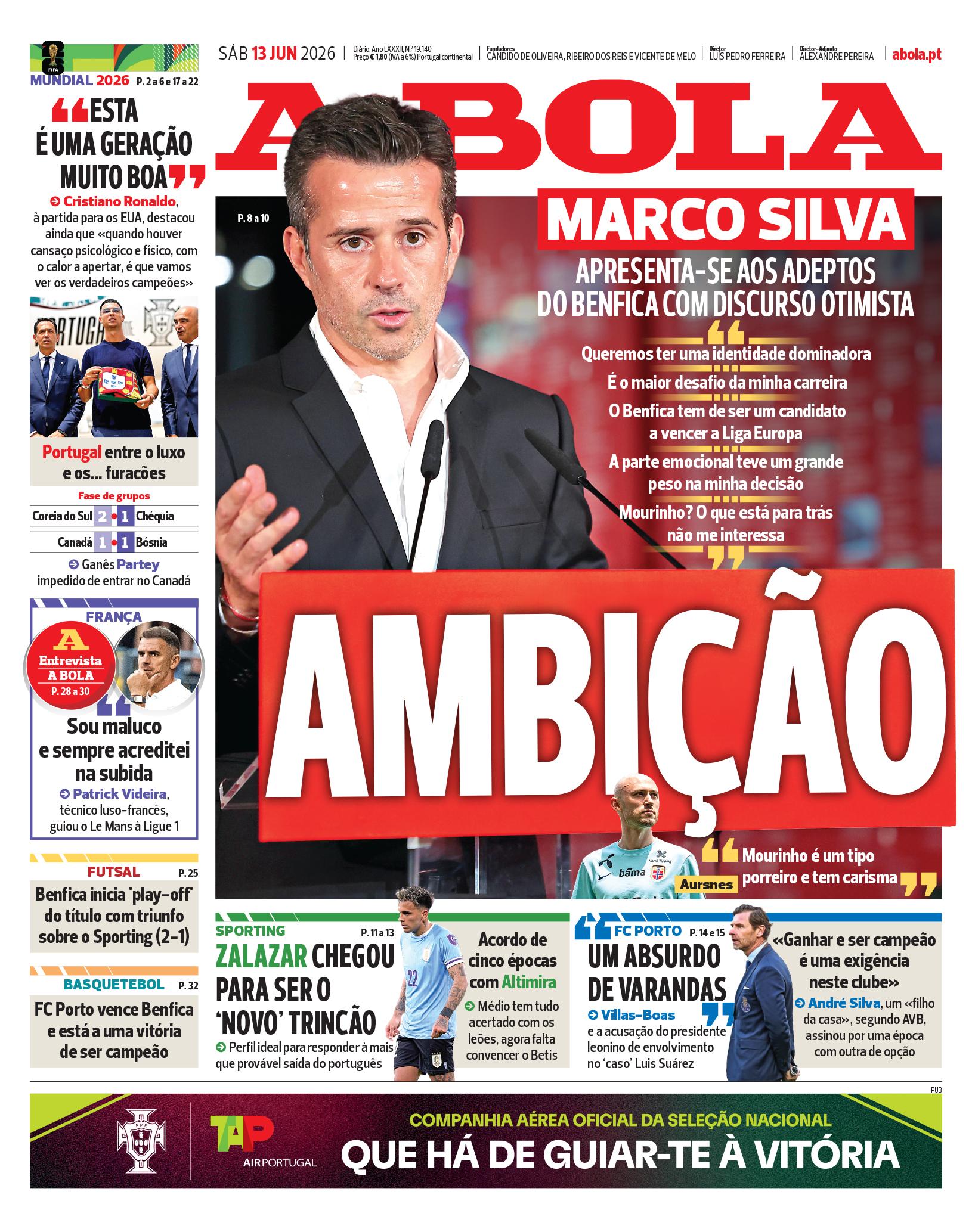 Capa do Jornal “A Bola” – 13/06/2026