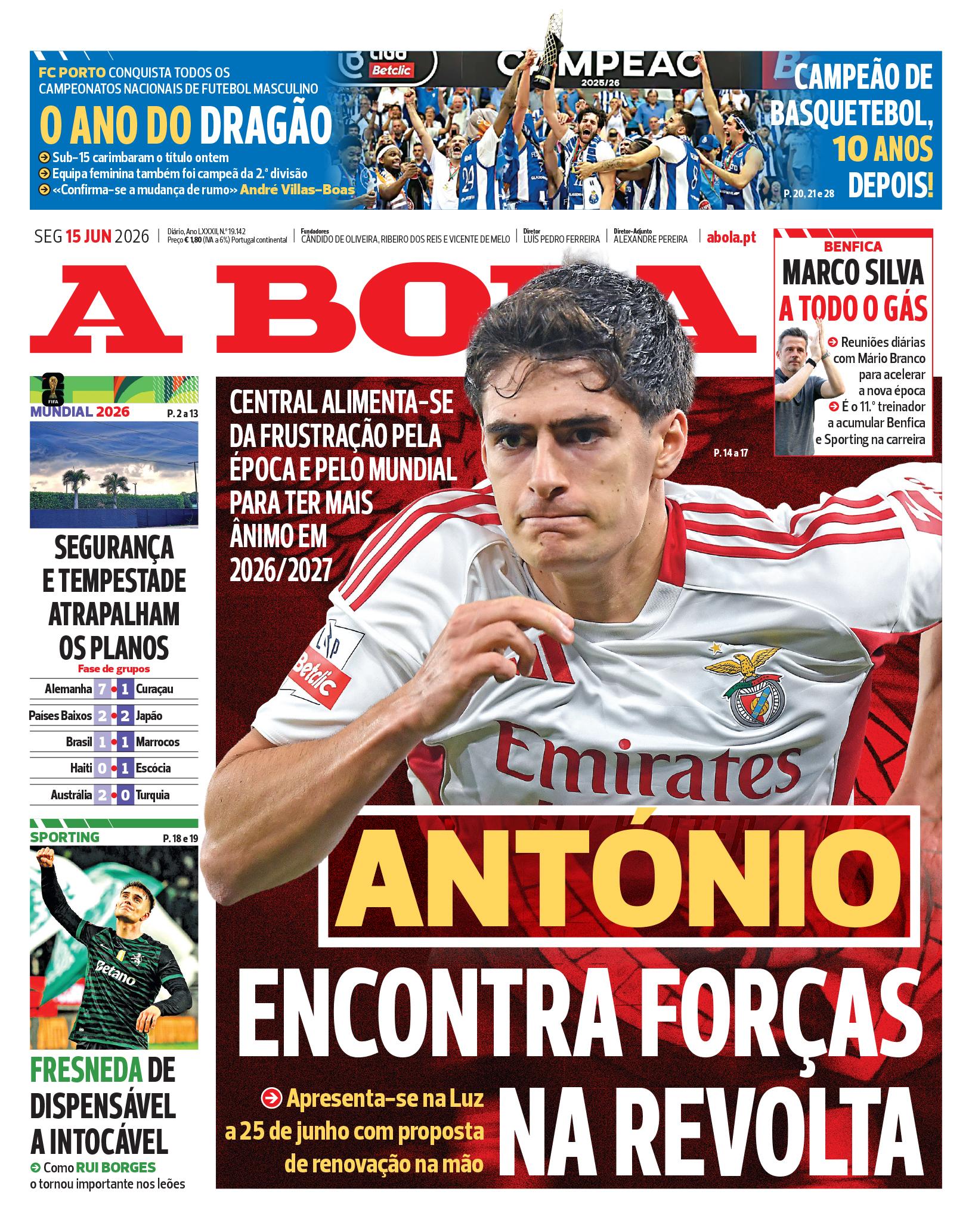 Capa do Jornal “A Bola” – 15/06/2026