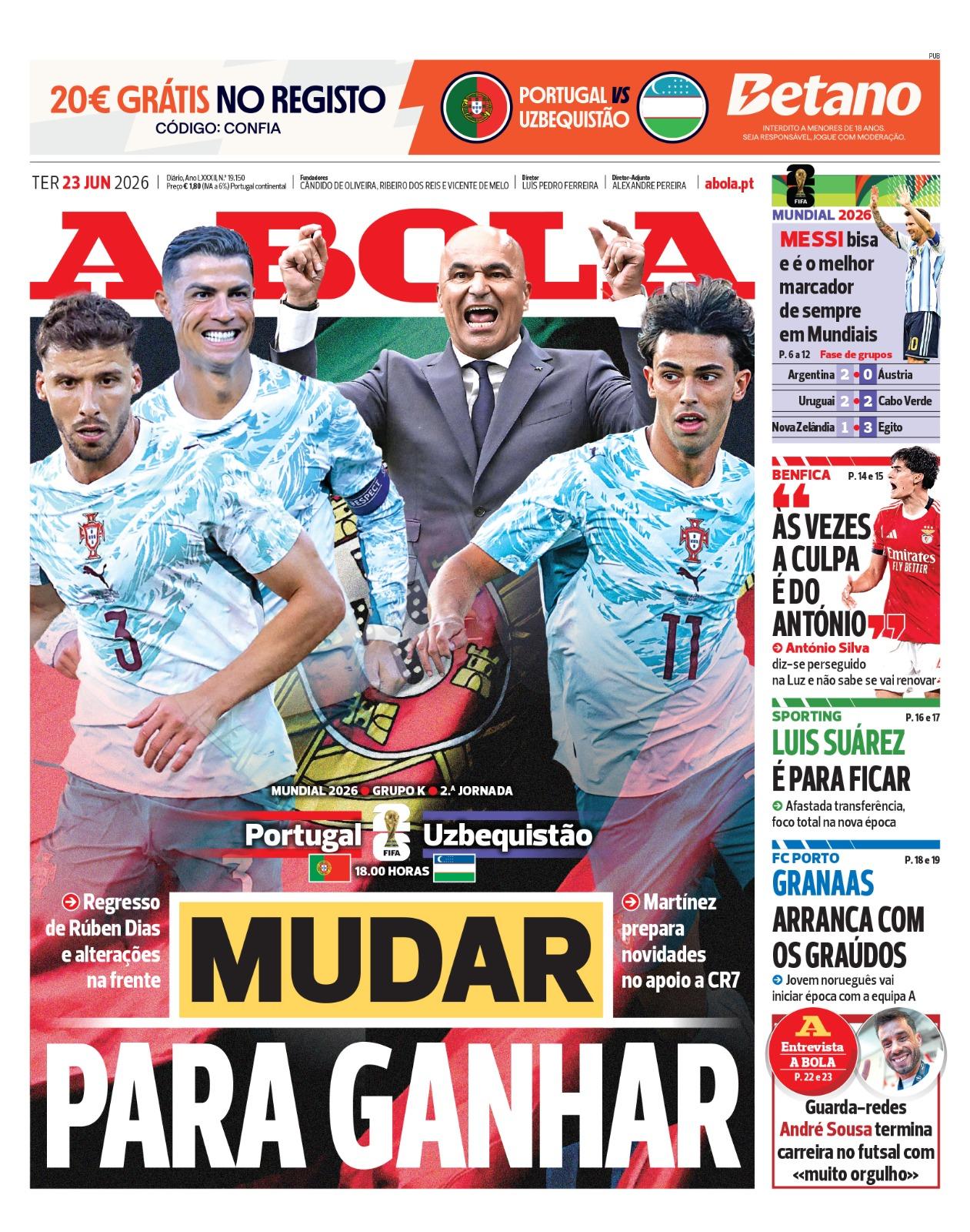 Capa do Jornal “A Bola” – 23/06/2026