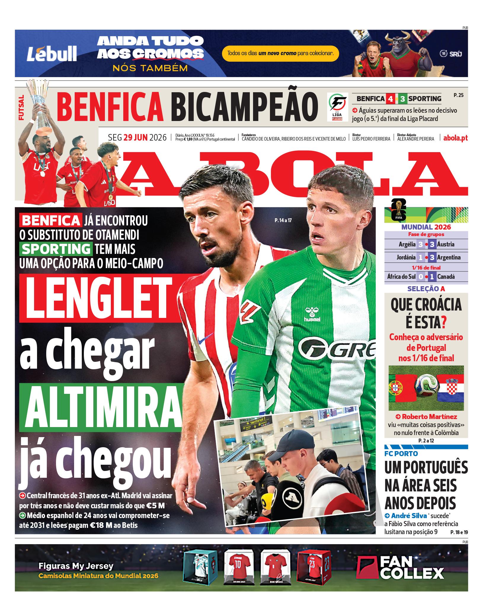 Capa do Jornal “A Bola” – 29/06/2026