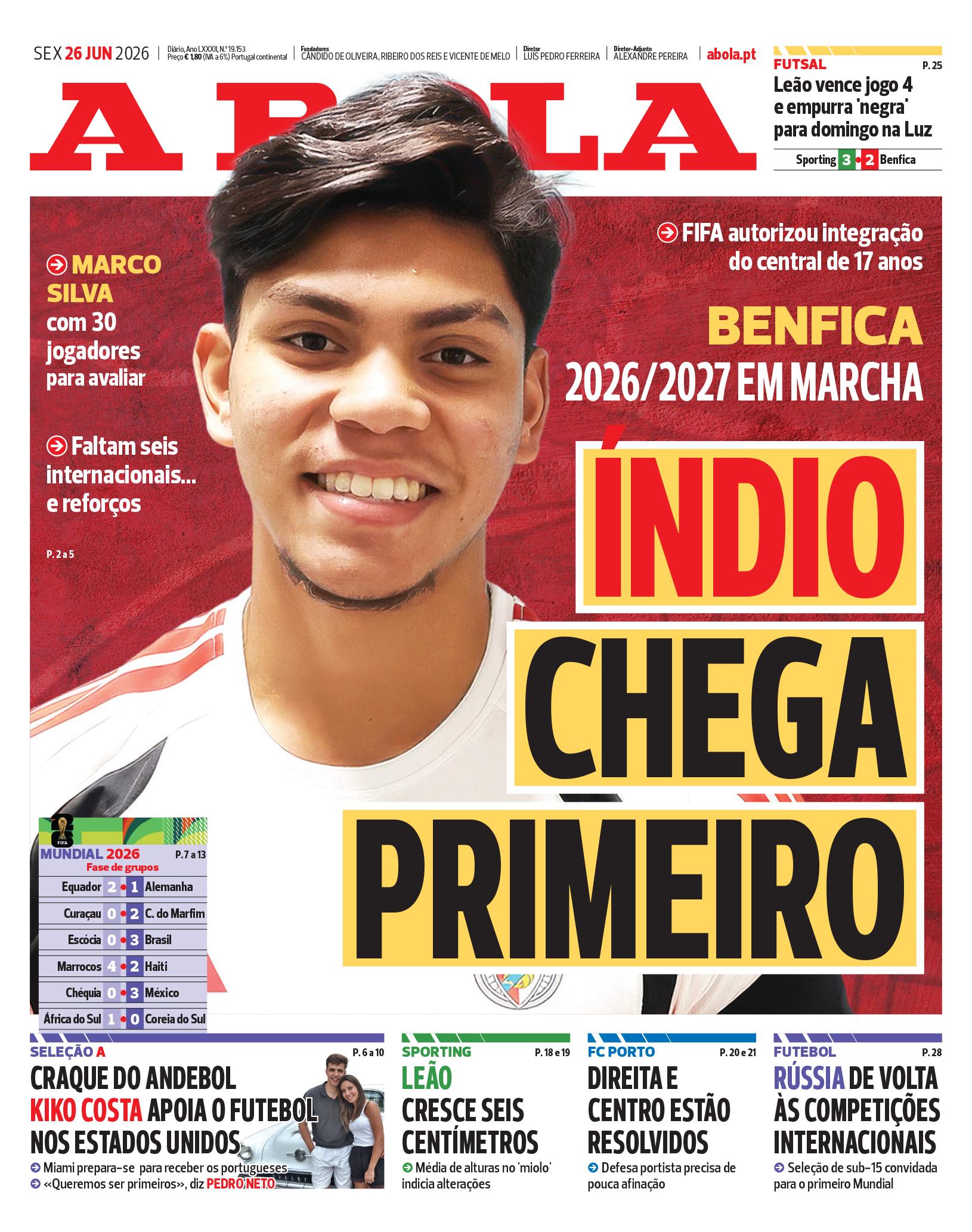 Capa do Jornal “A Bola” – 26/06/2026