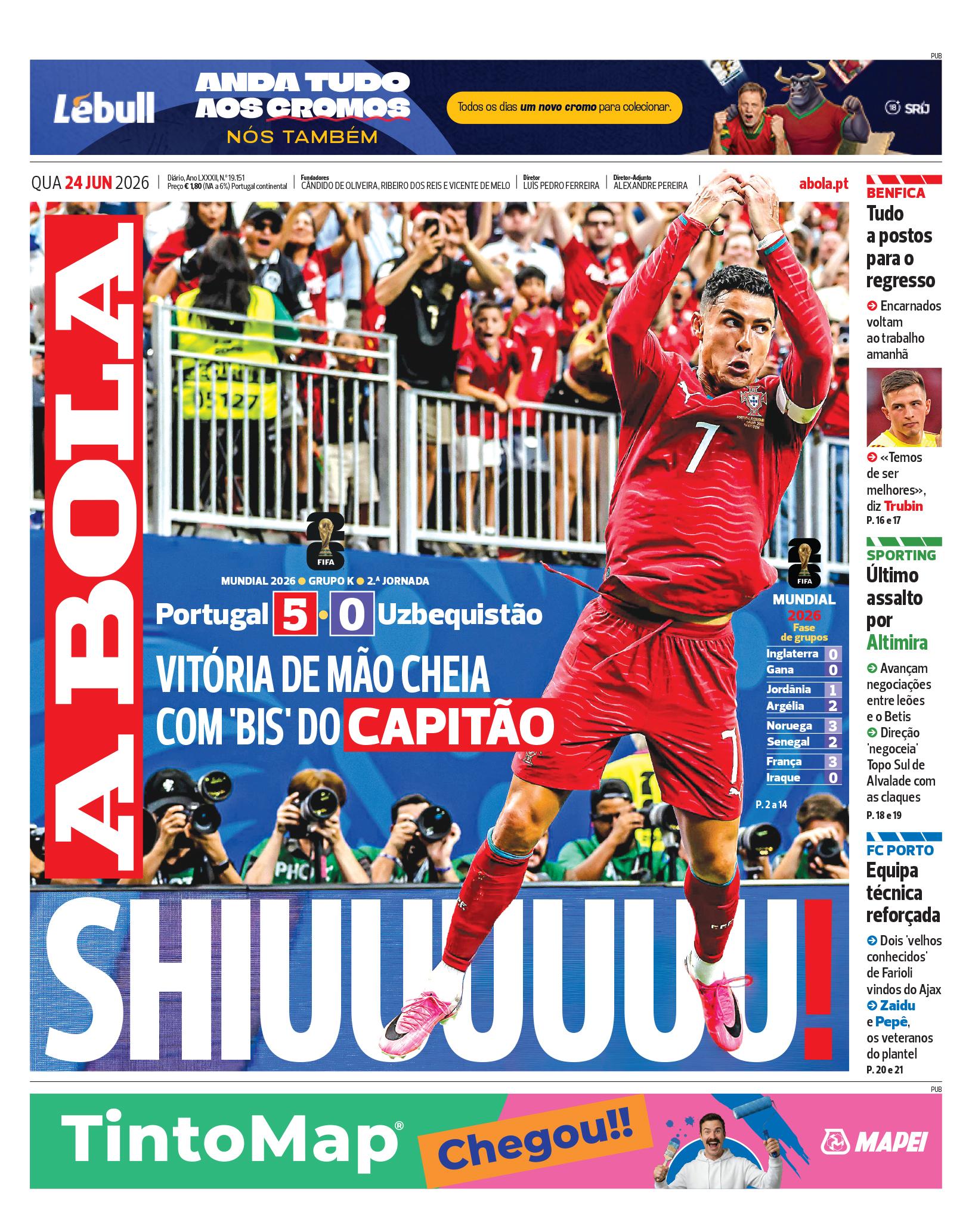 Capa do Jornal “A Bola” – 23/06/2026