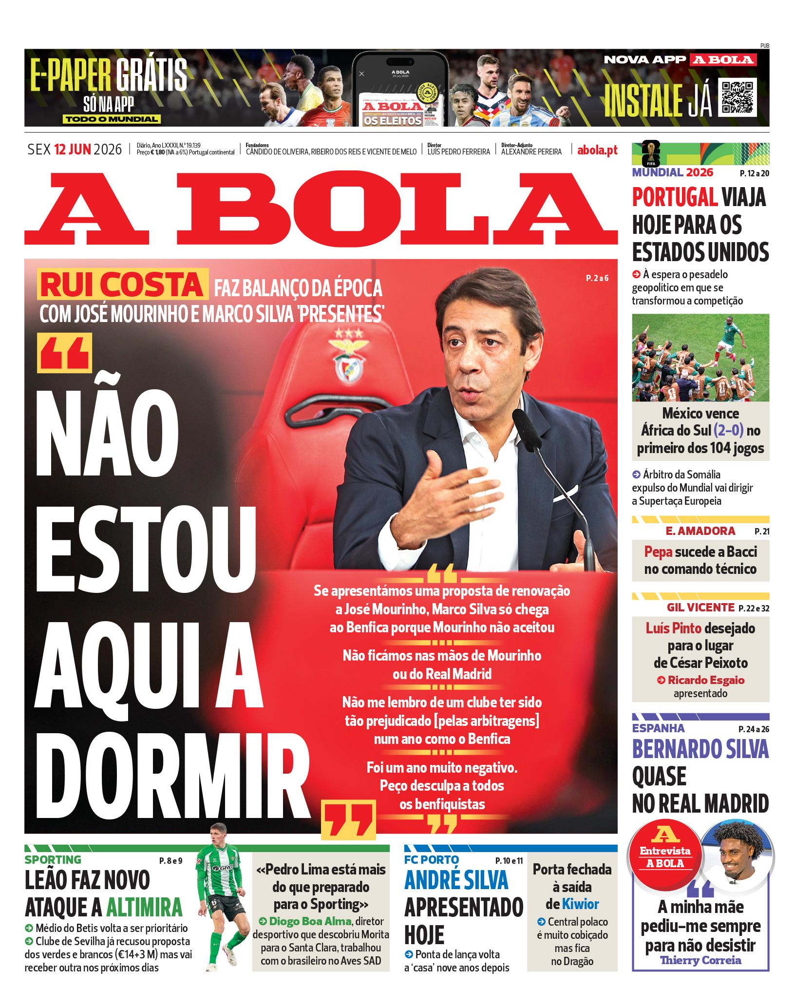 Capa do Jornal “A Bola” – 12/06/2026