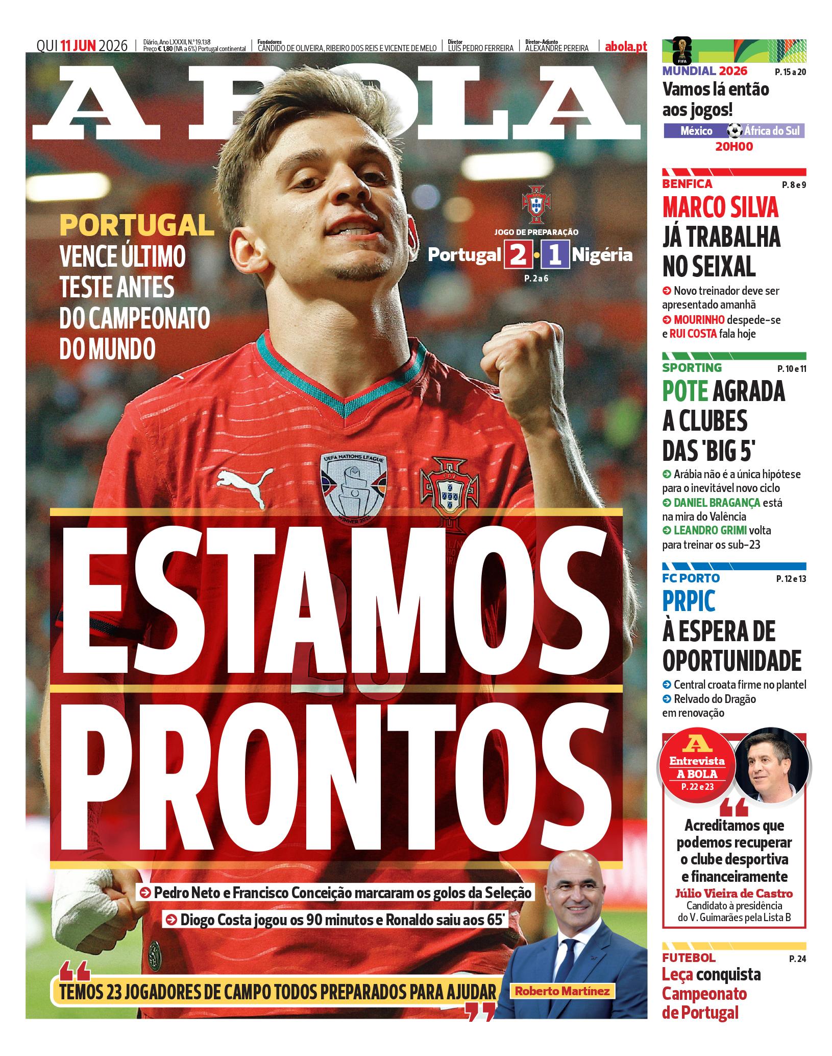 Capa do Jornal “A Bola” – 11/06/2026