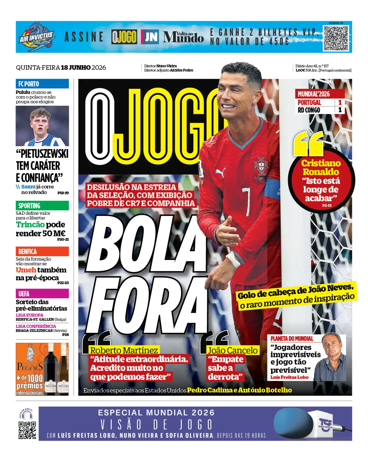 Capa do Jornal “O Jogo” – 18/06/2026