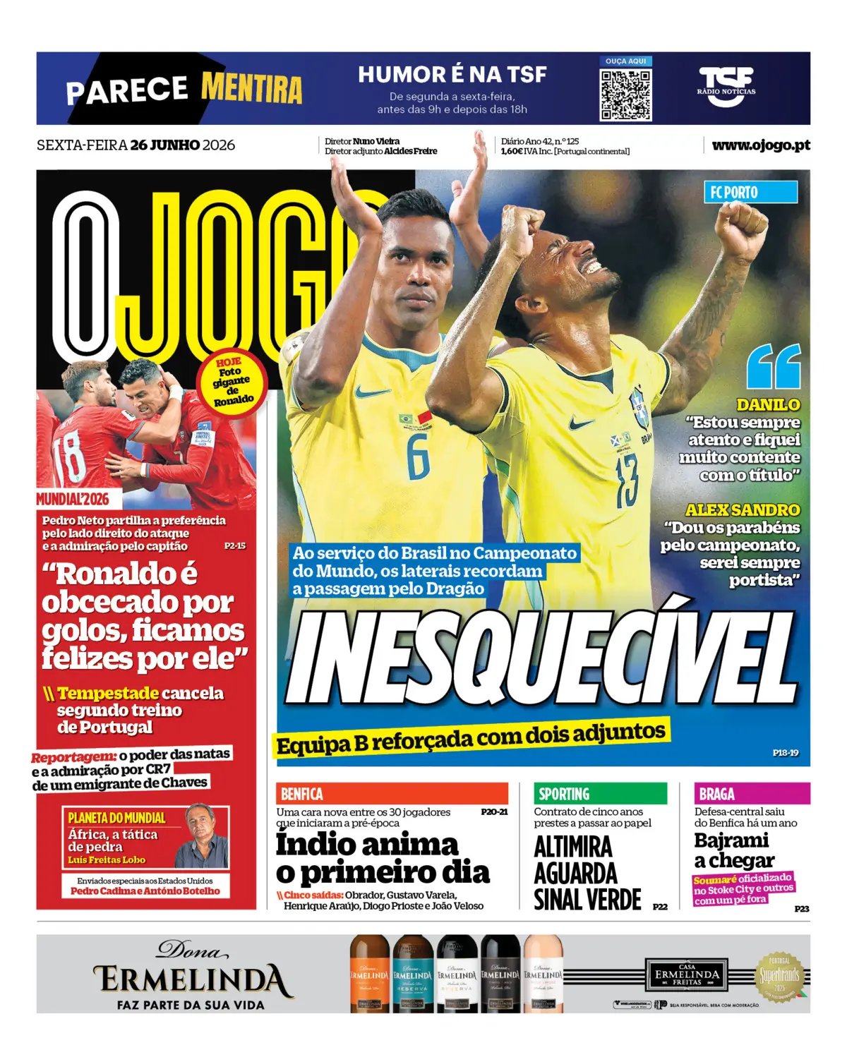 Capa do Jornal “O Jogo” – 26/06/2026