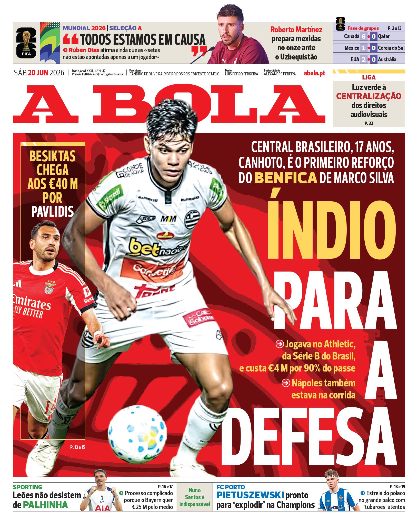 Capa do Jornal “A Bola” – 20/06/2026