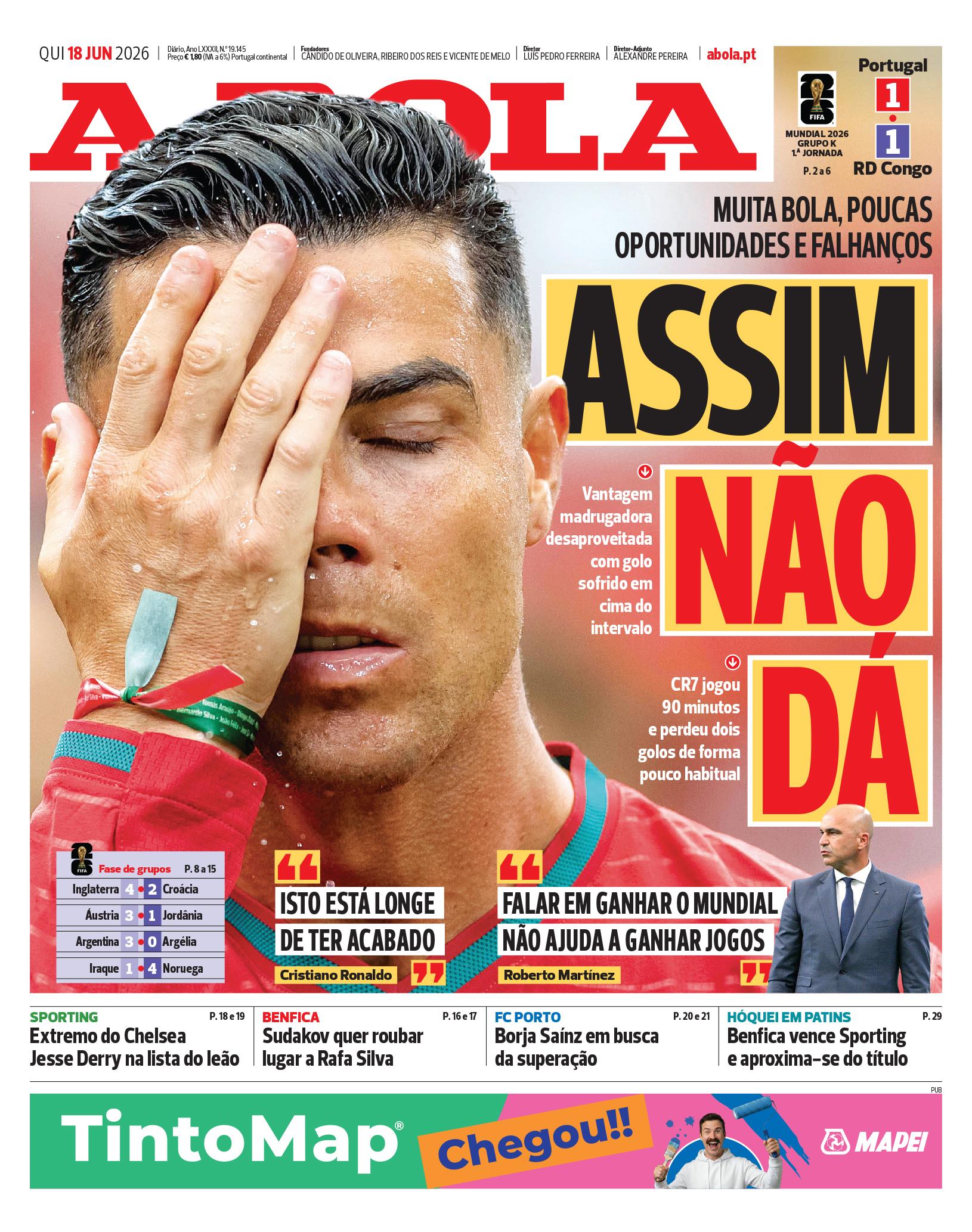 Capa do Jornal “A Bola” – 18/06/2026
