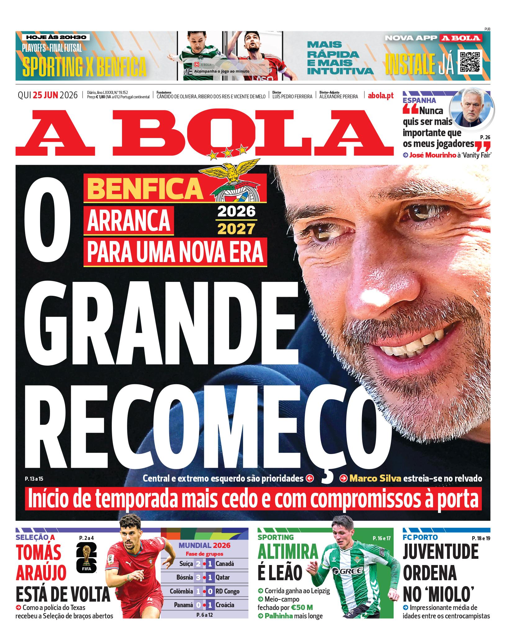 Capa do Jornal “A Bola” – 25/06/2026