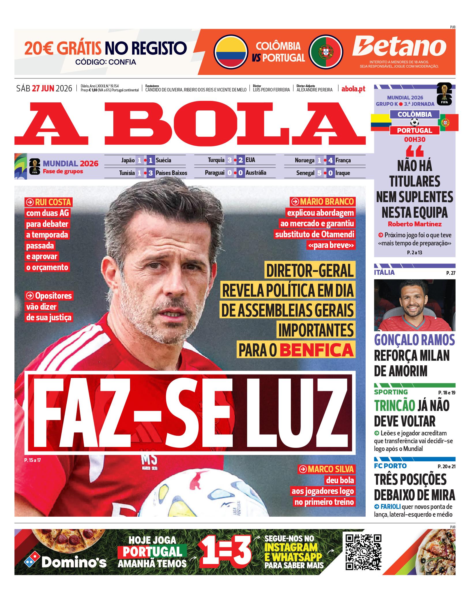 Capa do Jornal “A Bola” – 27/06/2026