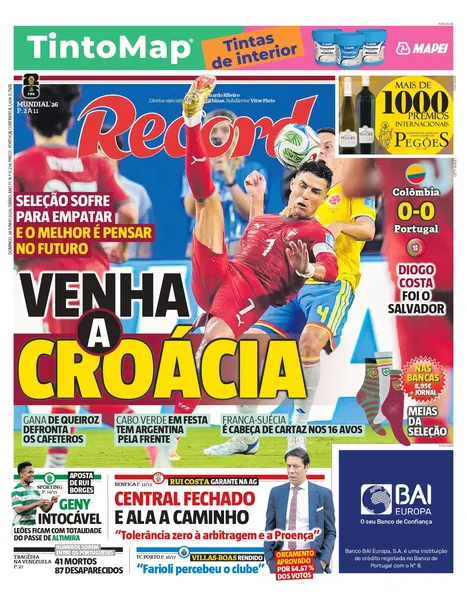 Capa do Jornal “Record” – 28/06/2026
