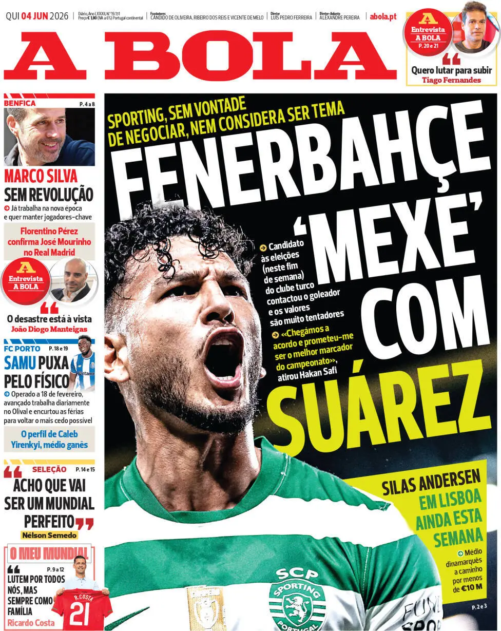 Capa do Jornal “A Bola” – 04/06/2026