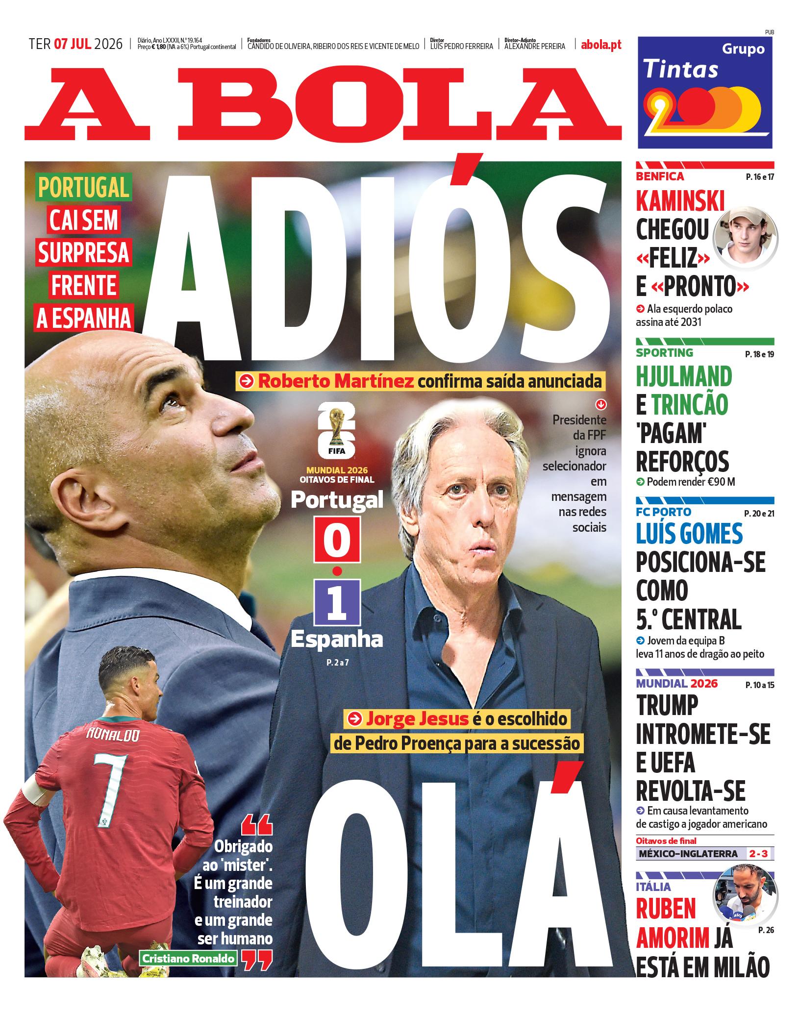 Capa do Jornal “A Bola” – 07/07/2026