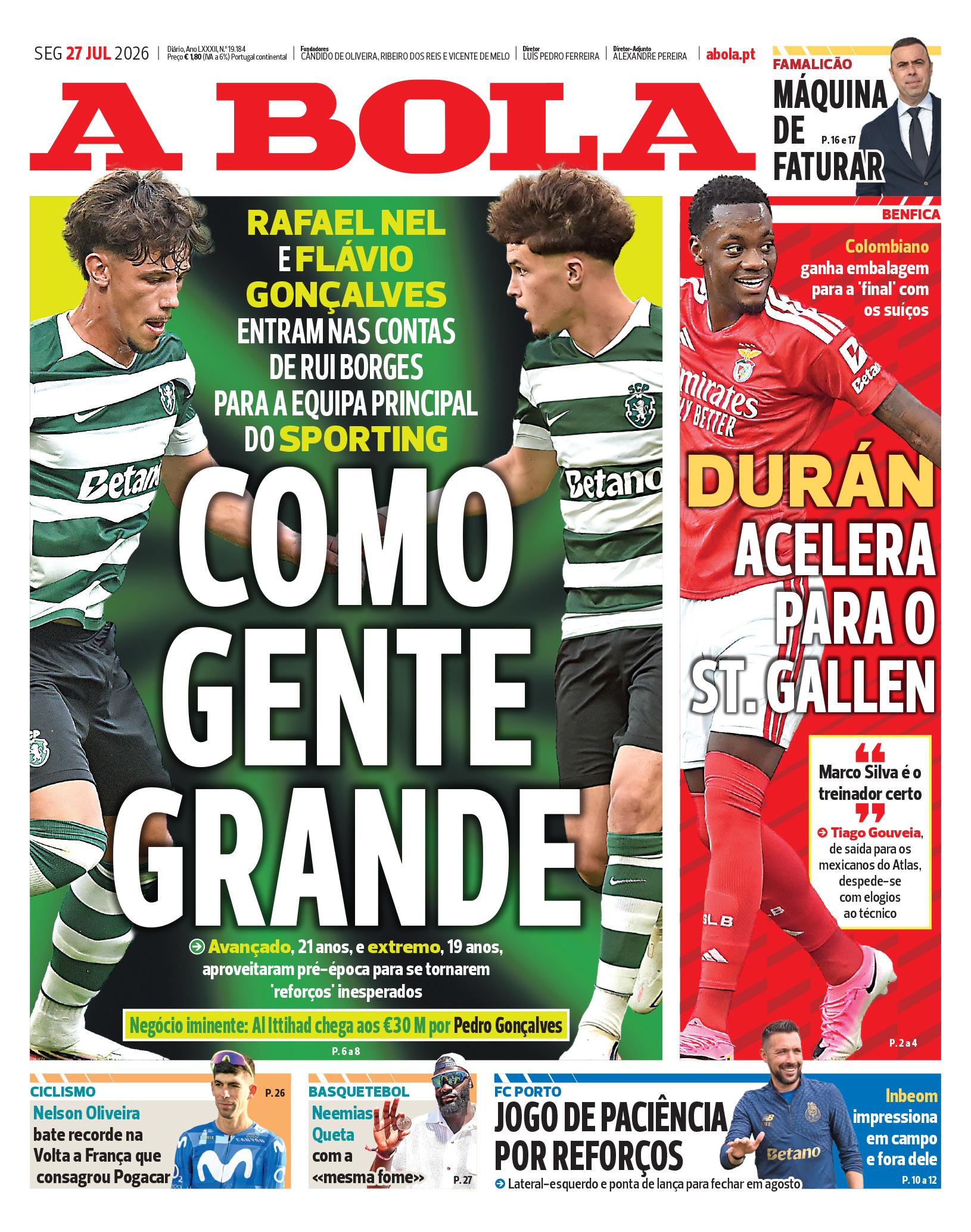 Capa do Jornal “A Bola” – 27/07/2026