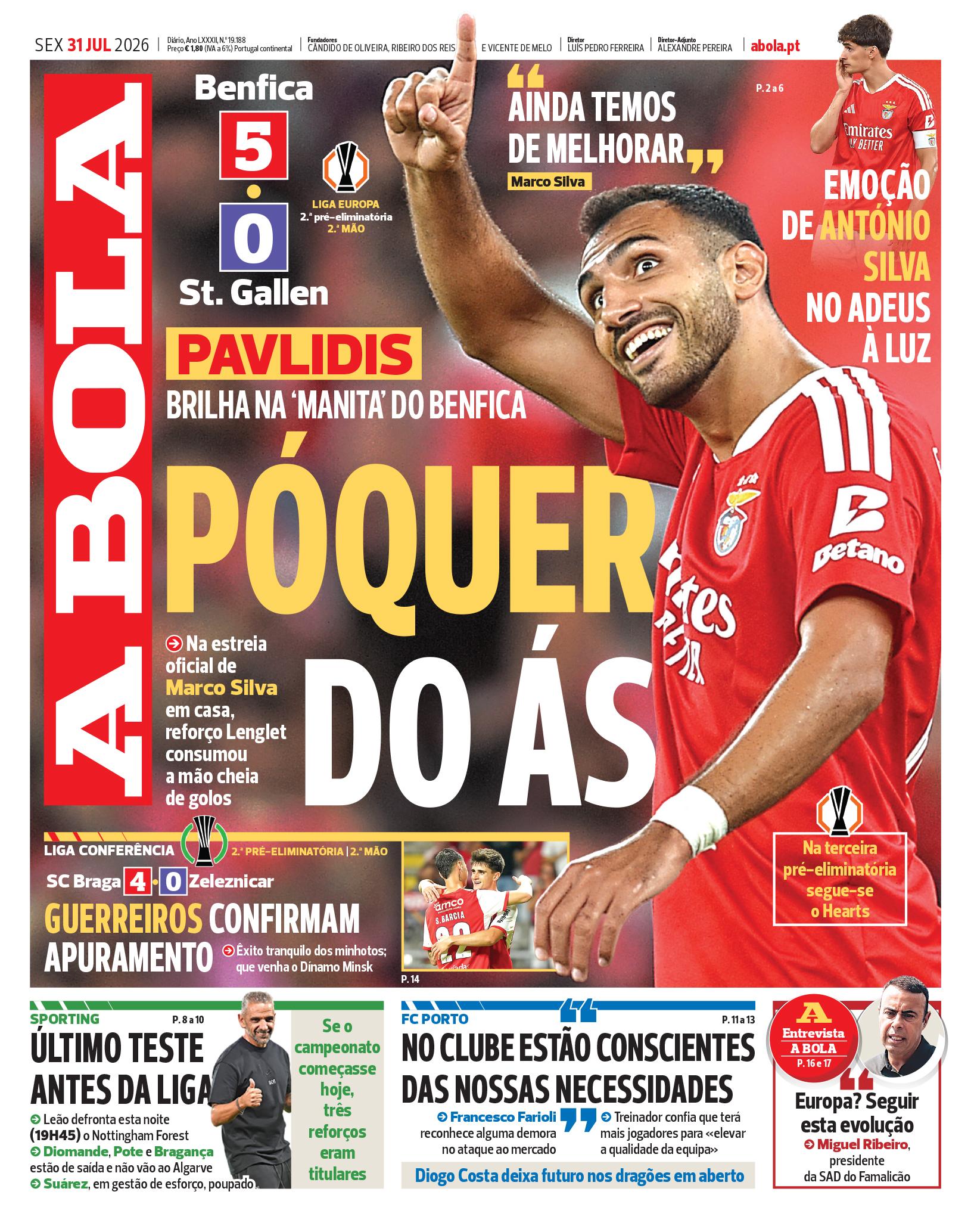 Capa do Jornal “A Bola” – 31/07/2026