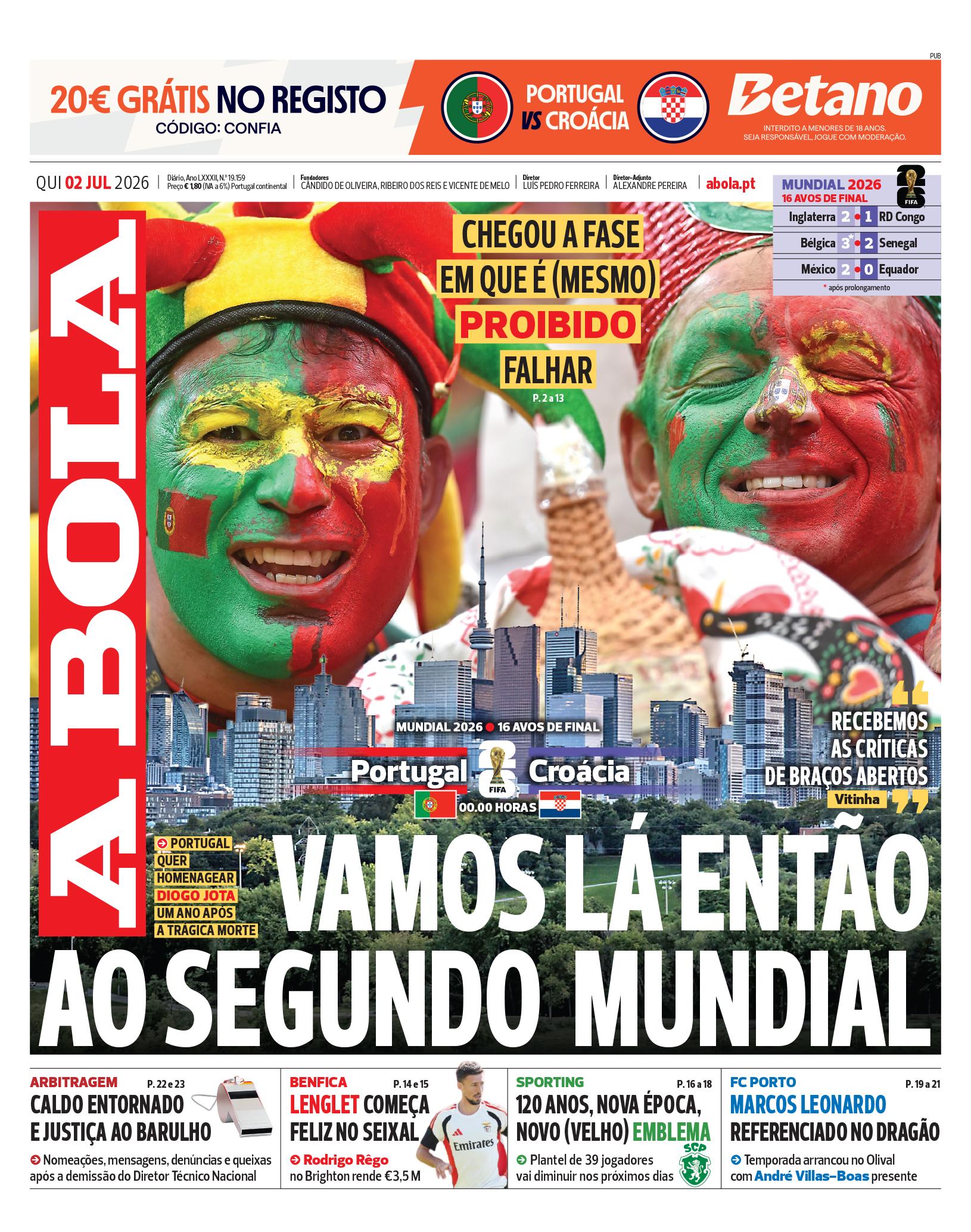 Capa do Jornal “A Bola” – 02/07/2026