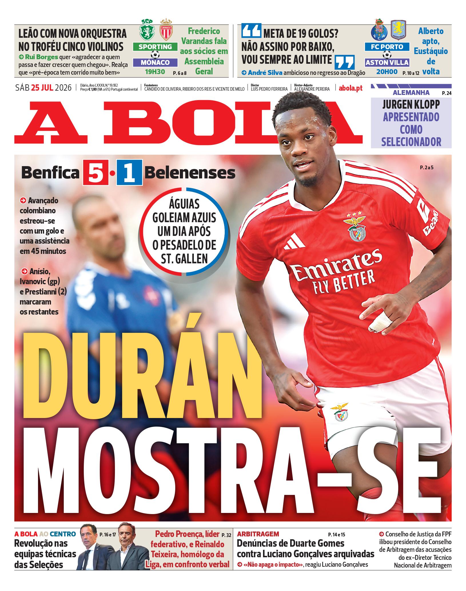 Capa do Jornal “A Bola” – 25/07/2026