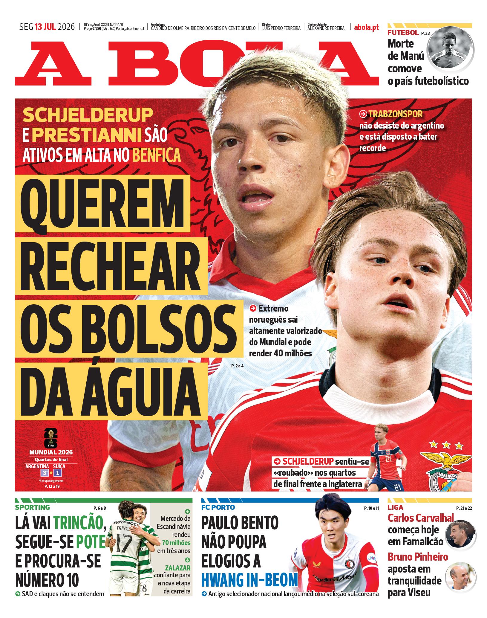 Capa do Jornal “A Bola” – 13/07/2026