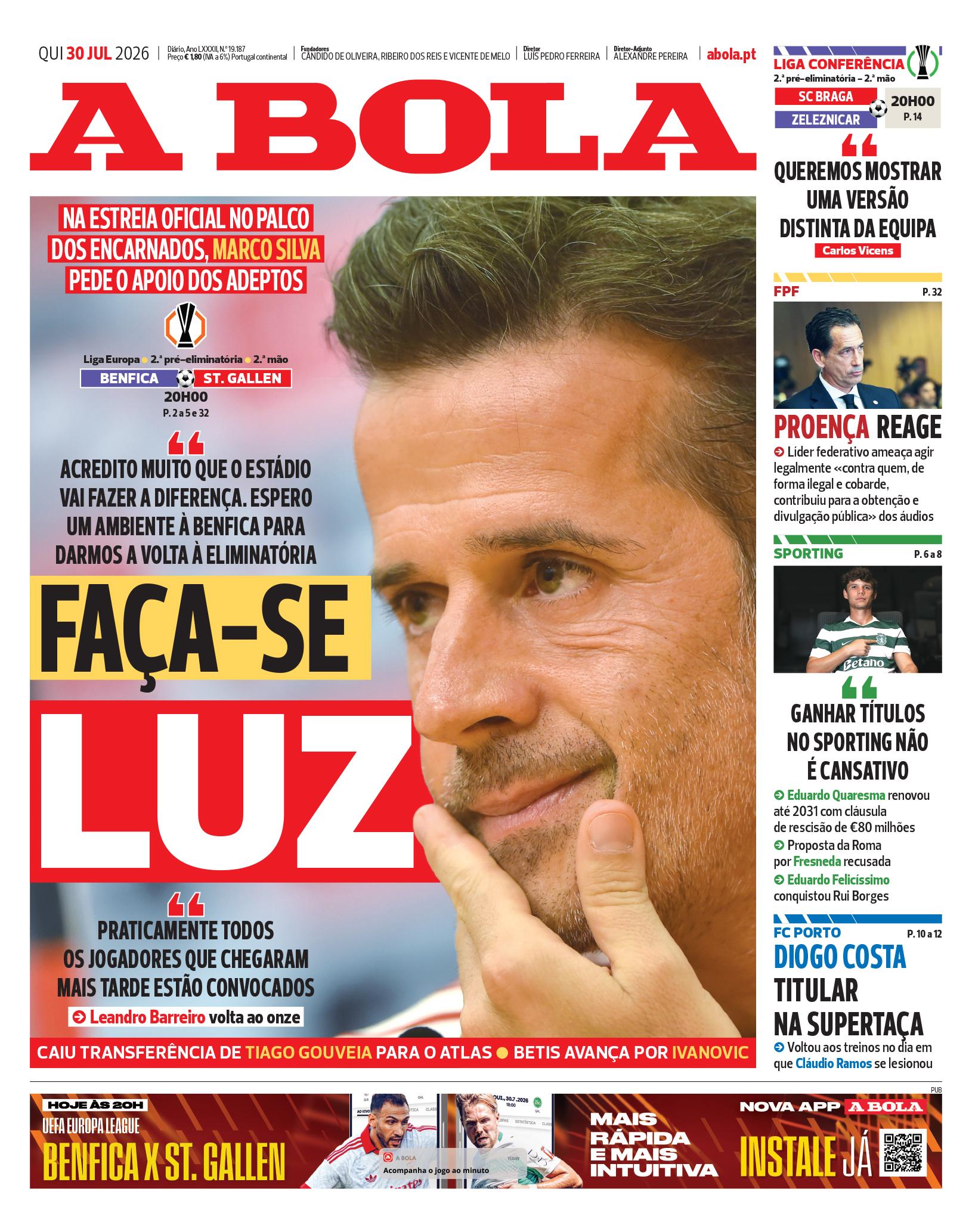 Capa do Jornal “A Bola” – 30/07/2026