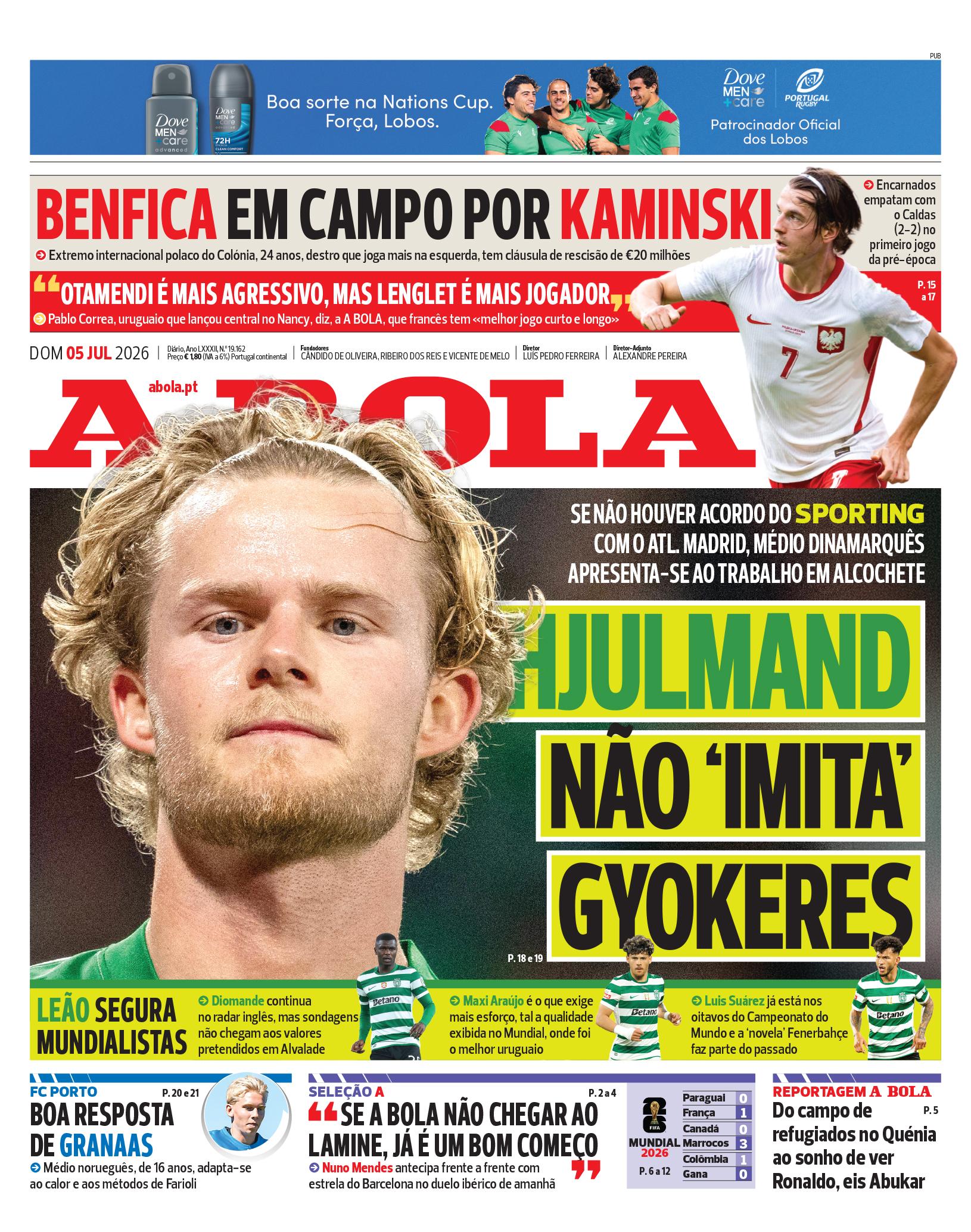 Capa do Jornal “A Bola” – 05/07/2026