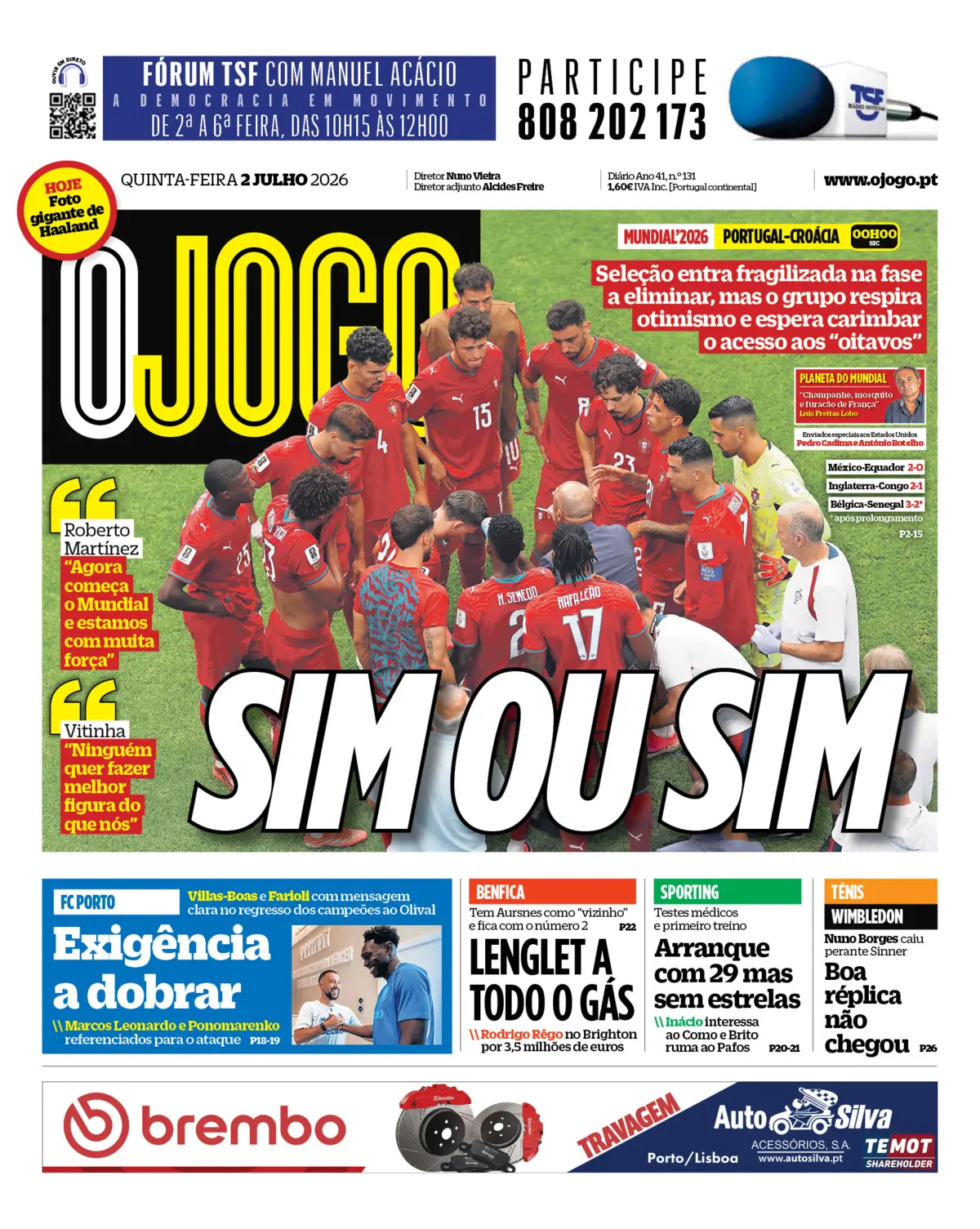 Capa do Jornal “O Jogo” – 02/07/2026