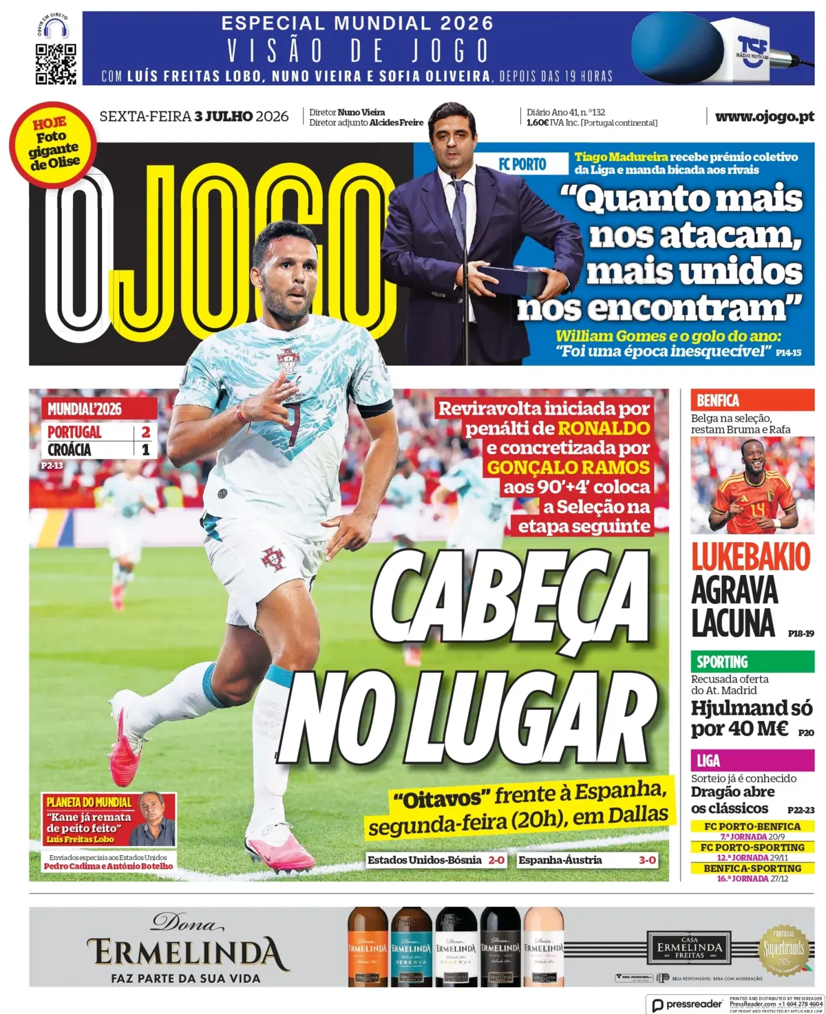 Capa do Jornal “O Jogo” – 03/07/2026