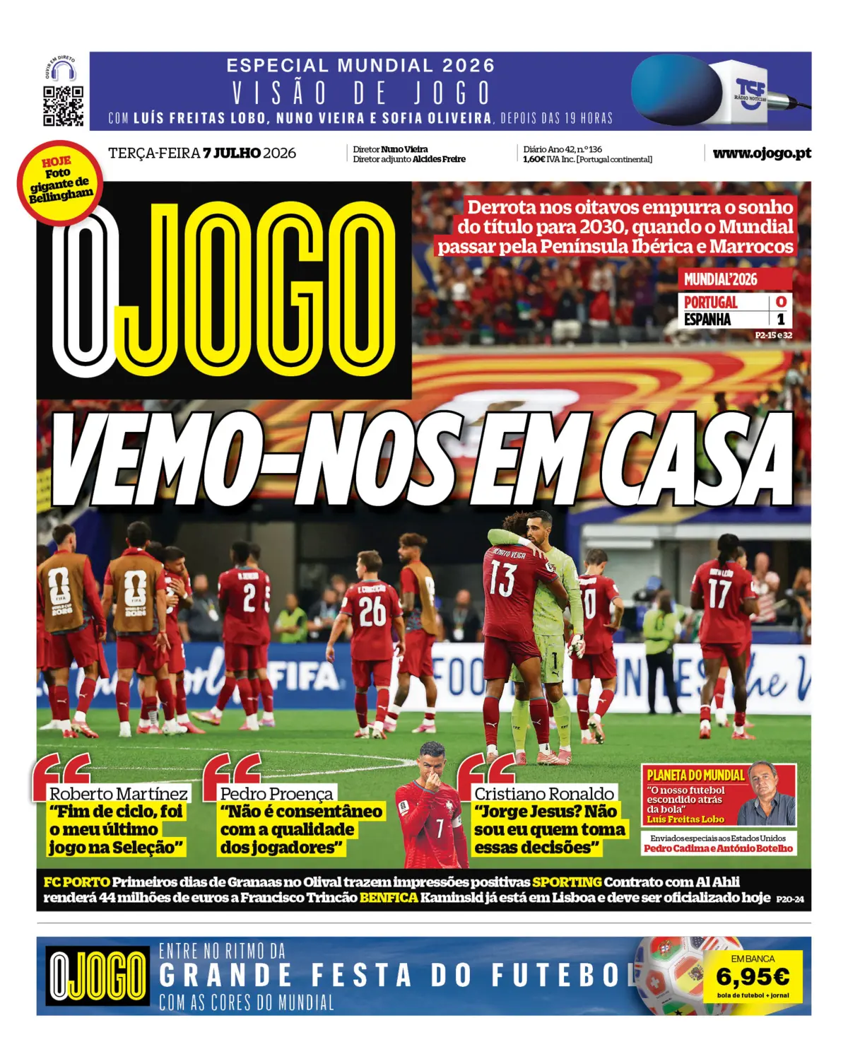 Capa do Jornal “O Jogo” – 07/07/2026