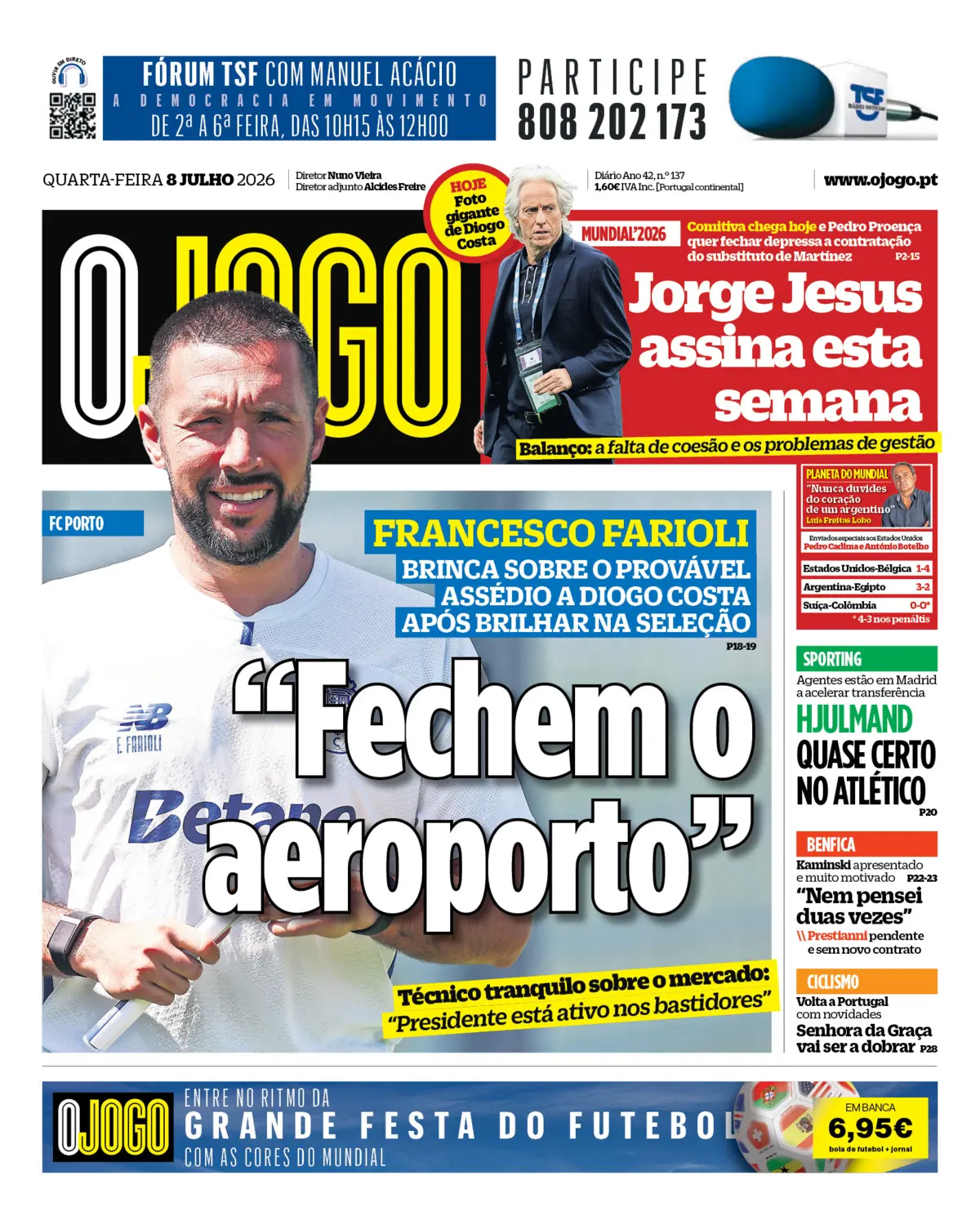 Capa do Jornal “O Jogo” – 08/07/2026