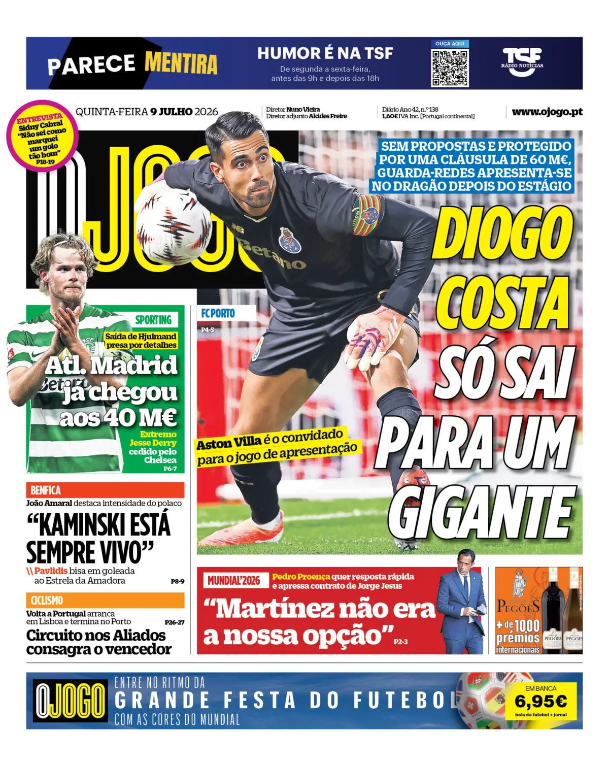 Capa do Jornal “O Jogo” – 09/07/2026