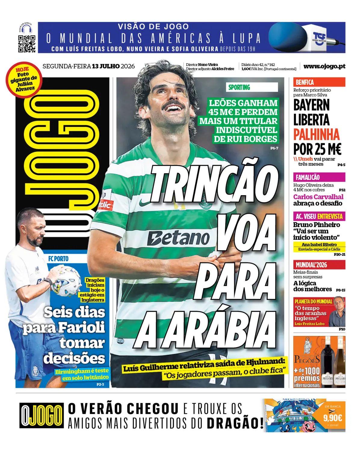 Capa do Jornal “O Jogo” – 13/07/2026
