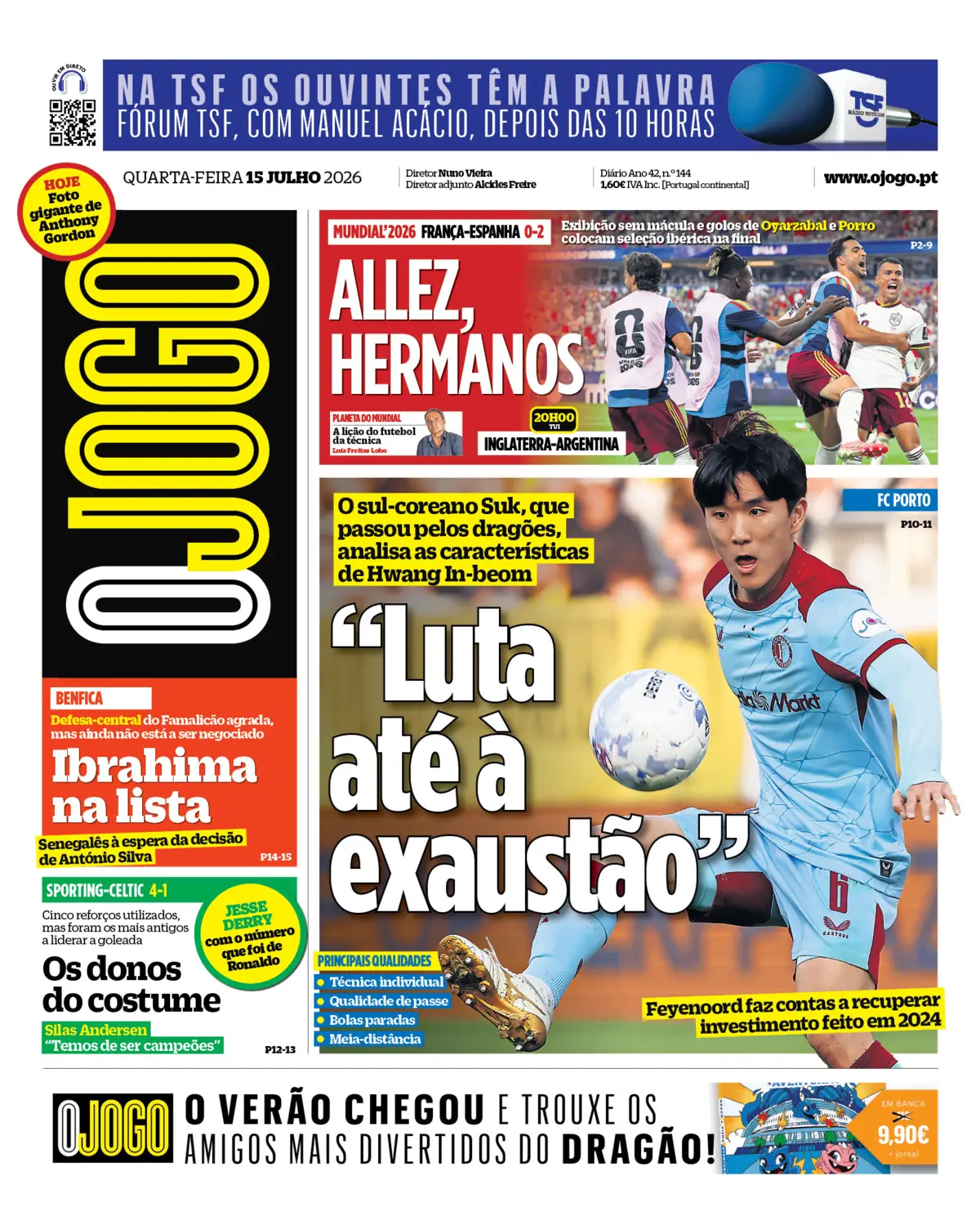 Capa do Jornal “O Jogo” – 15/07/2026