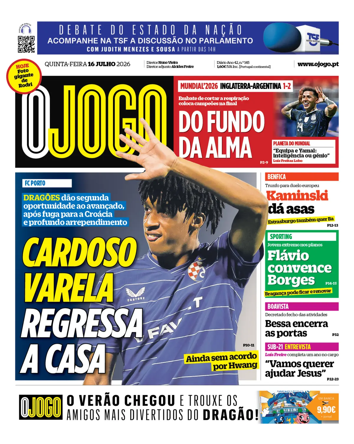 Capa do Jornal “O Jogo” – 16/07/2026