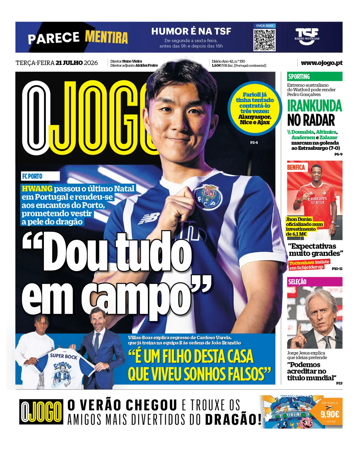 Capa do Jornal “O Jogo” – 21/07/2026