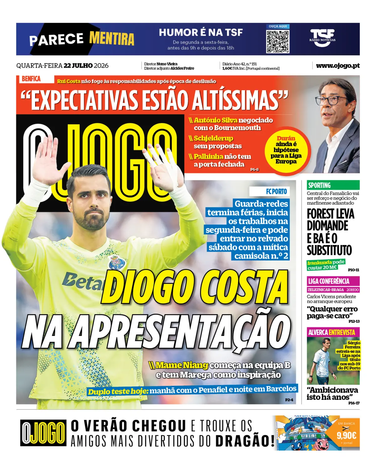 Capa do Jornal “O Jogo” – 22/07/2026