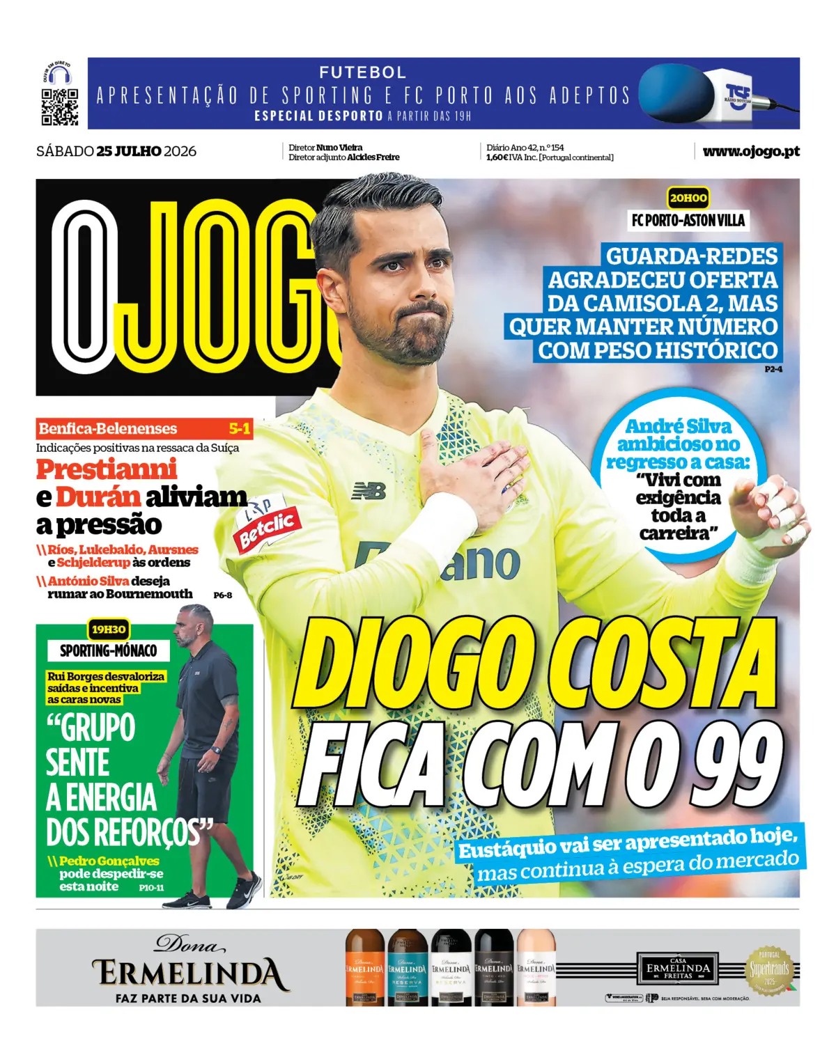 Capa do Jornal “O Jogo” – 25/07/2026