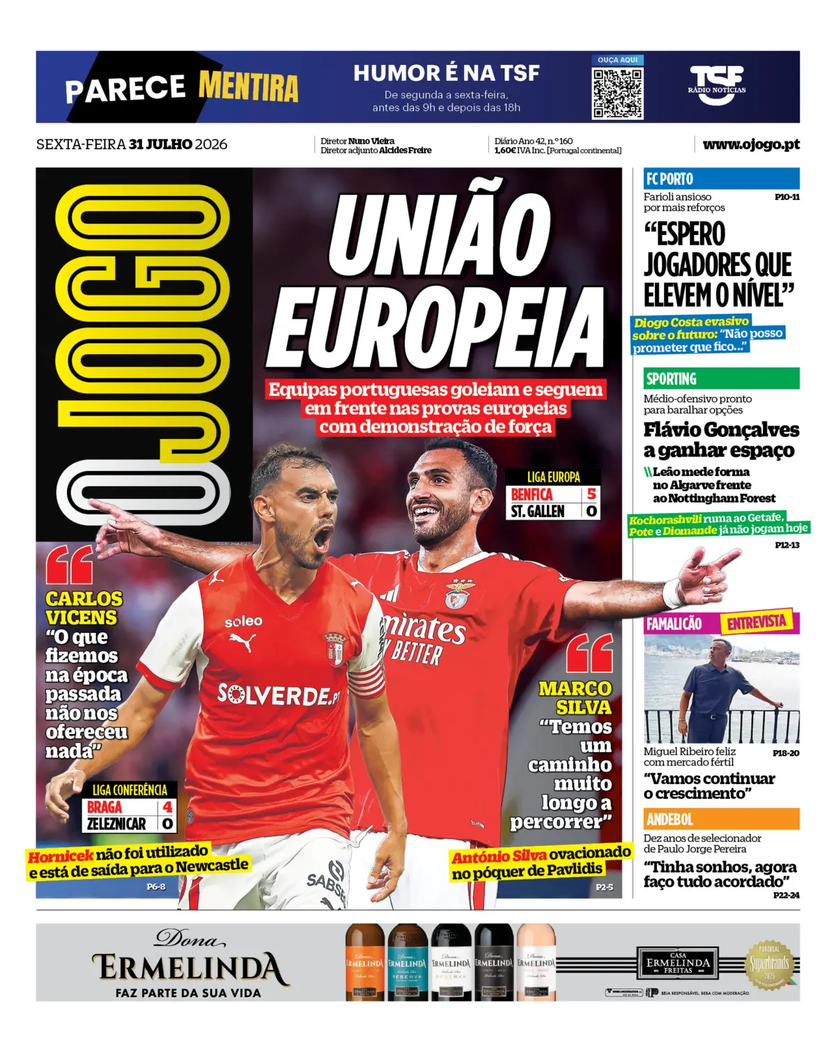 Capa do Jornal “O Jogo” – 31/07/2026