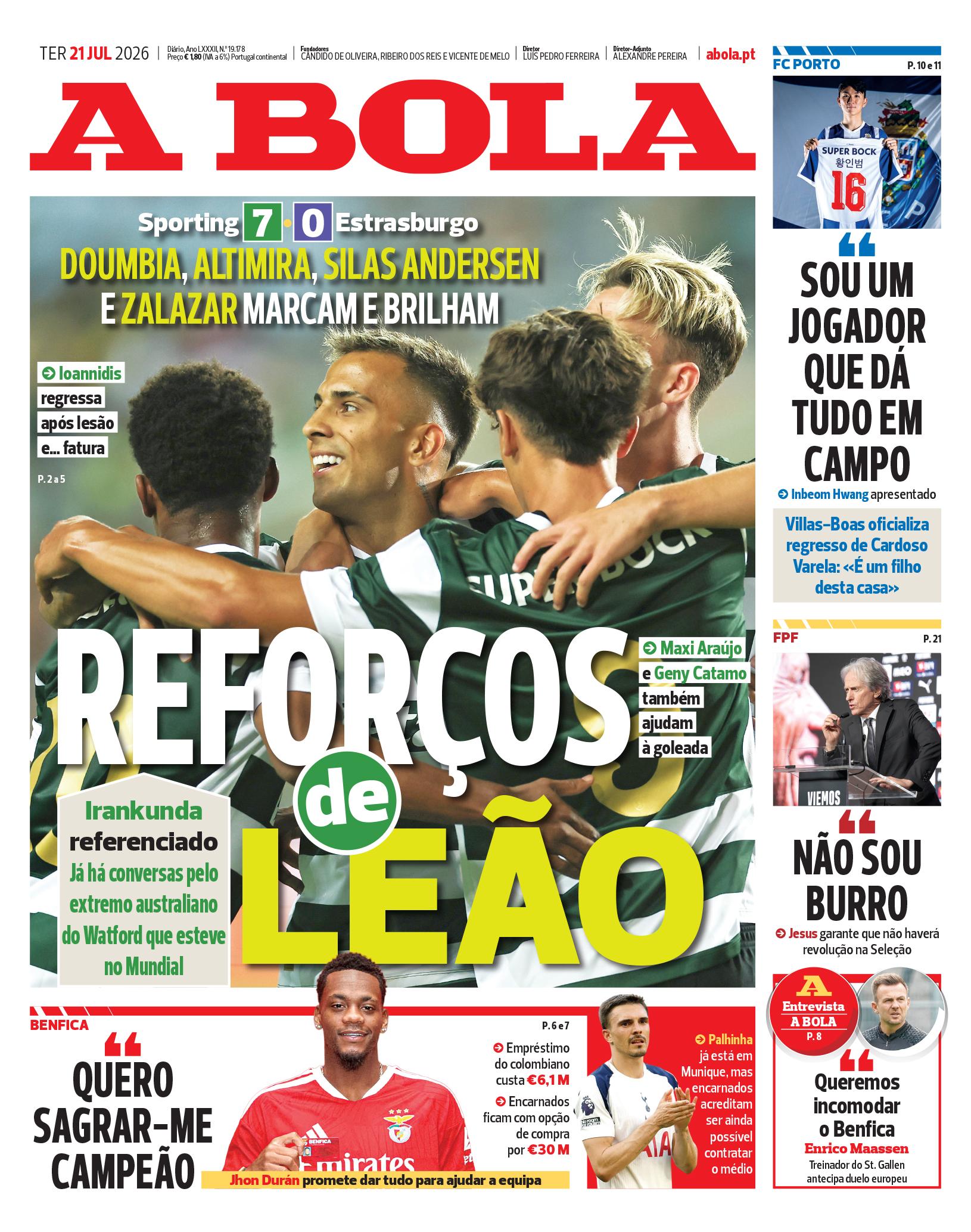 Capa do Jornal “A Bola” – 21/07/2026