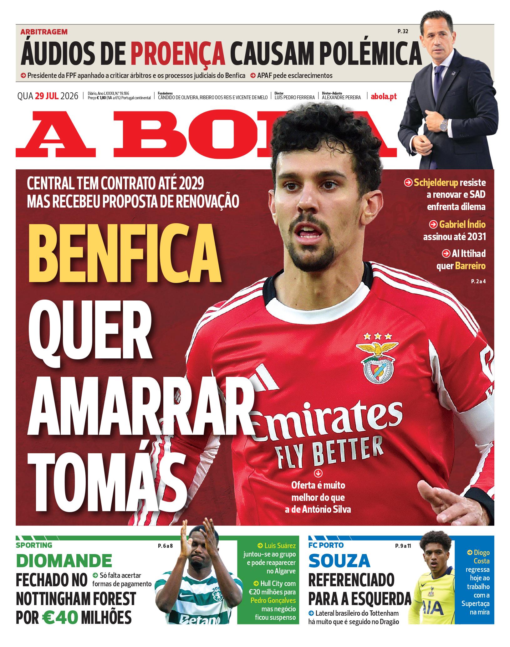 Capa do Jornal “A Bola” – 29/07/2026